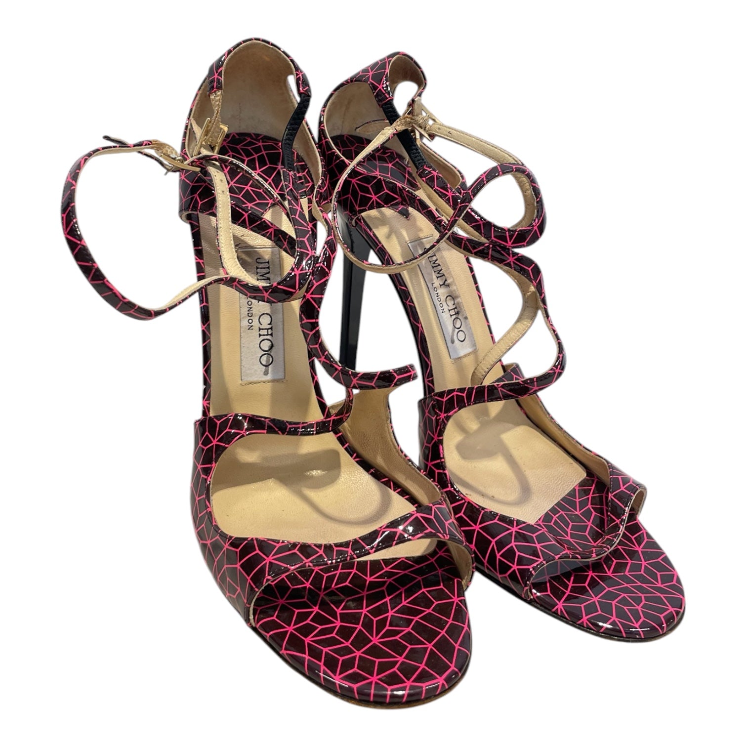 JIMMY CHOO/Heels/EU 41/All Over Print/Leather/BLK/Open-Toe/PINK/SWIRL STRAPS/ANKLE STRAP view 1