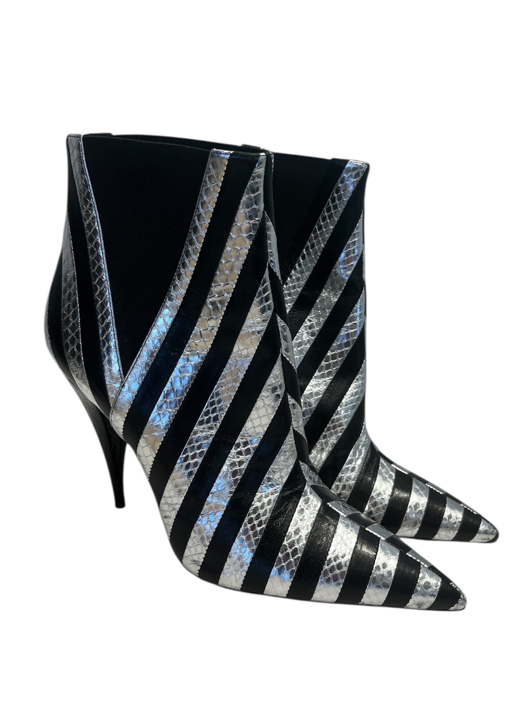 SAINT LAURENT/Heels/EU 41/Stripe/Leather/BLK/V-Tip/KIKI 100MM SILVER SNAKES BOOTI view 1