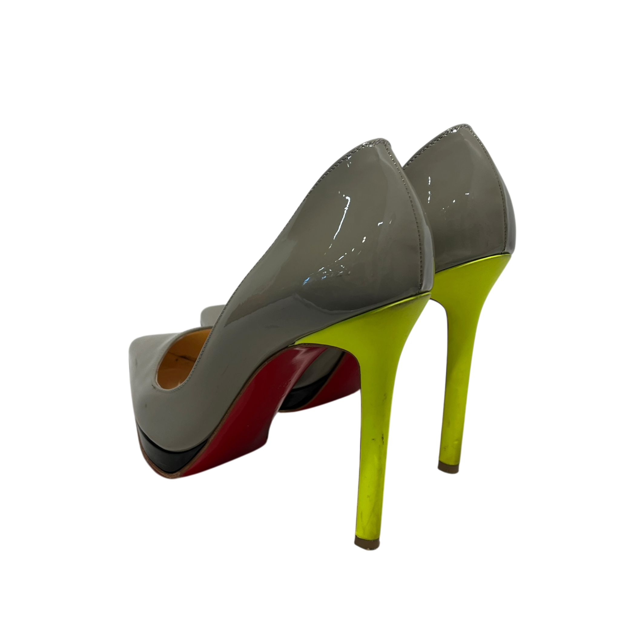 Christian Louboutin/Heels/EU 36.5/Border/Leather/GRY/V-Tip/Greige Pigalle w Neon YLW Heel view 2