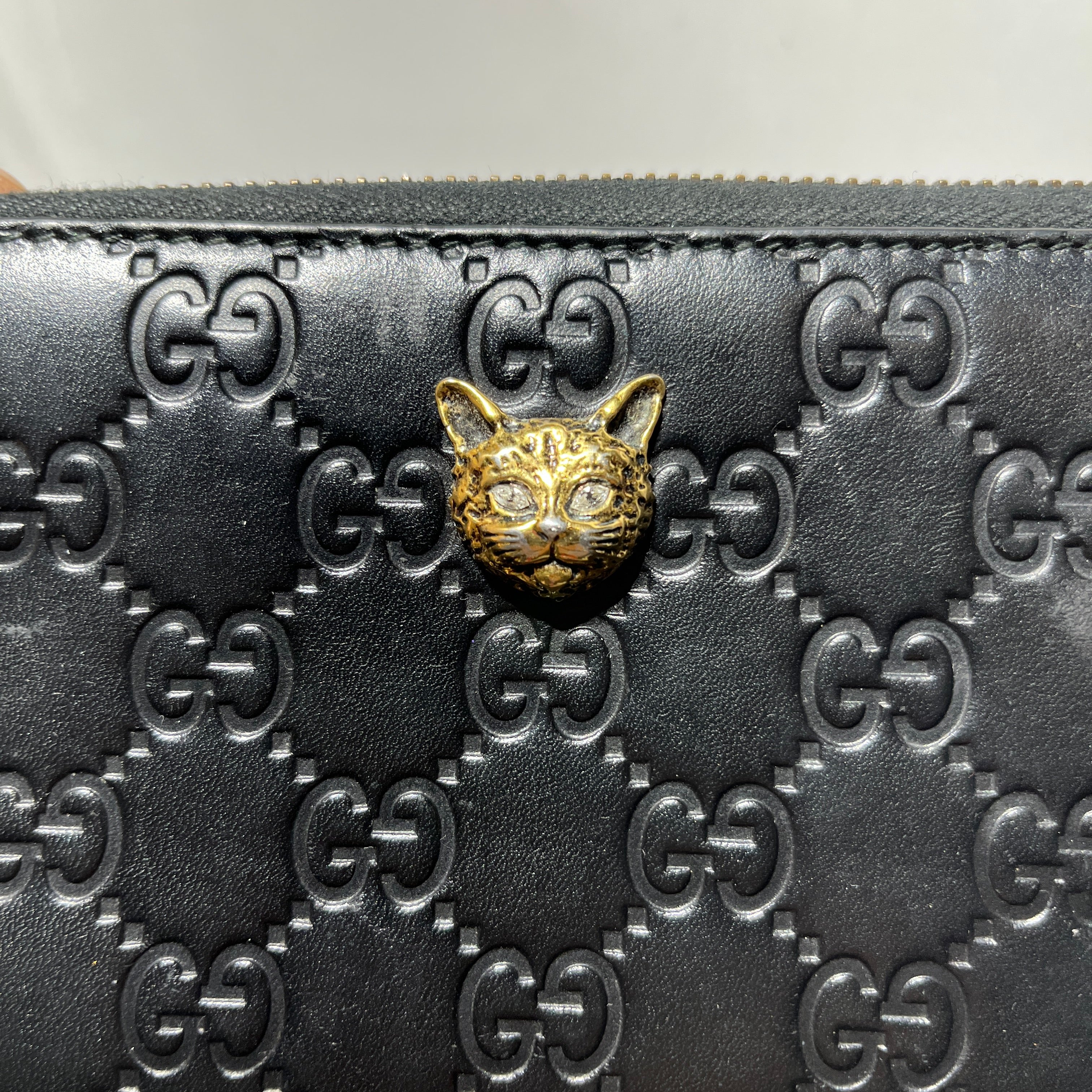 GUCCI/Trifold Wallet/Monogram/Leather/BLK/Gold Cat Hardwear view 5