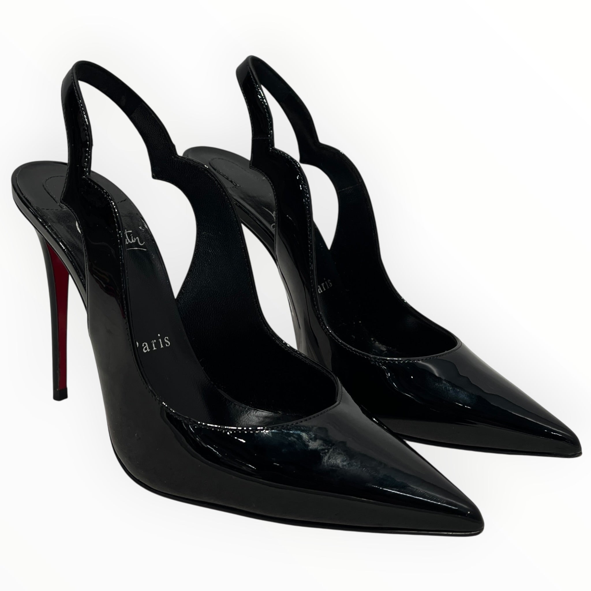 Christian Louboutin/Heels/EU 37/Leather/BLK/Hot chick sling/shinny leather view 1