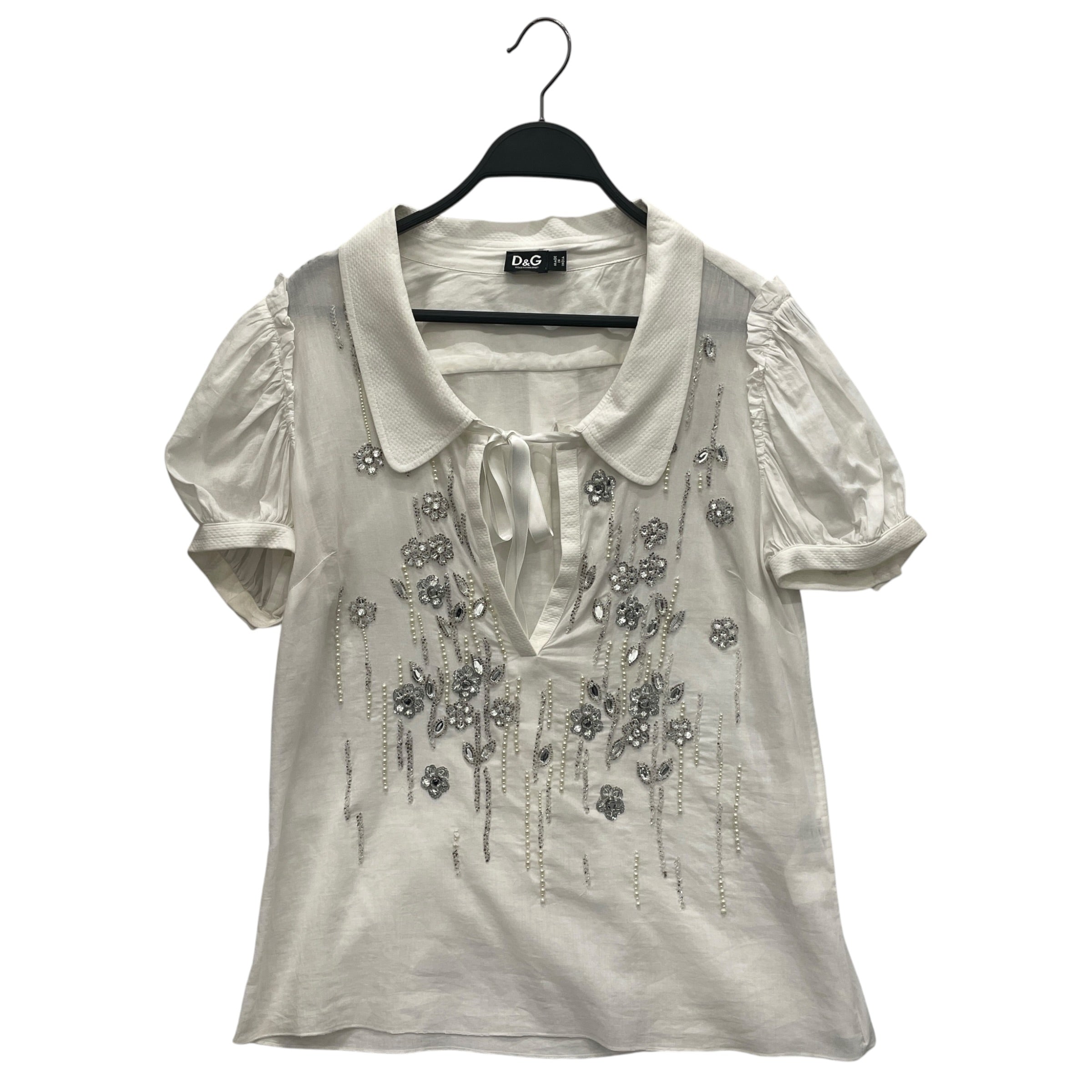 D&G/SS Blouse/42/Iridescent/Cotton/WHT/Puff Sleeve/rhinestone flowers/tie neck view 1