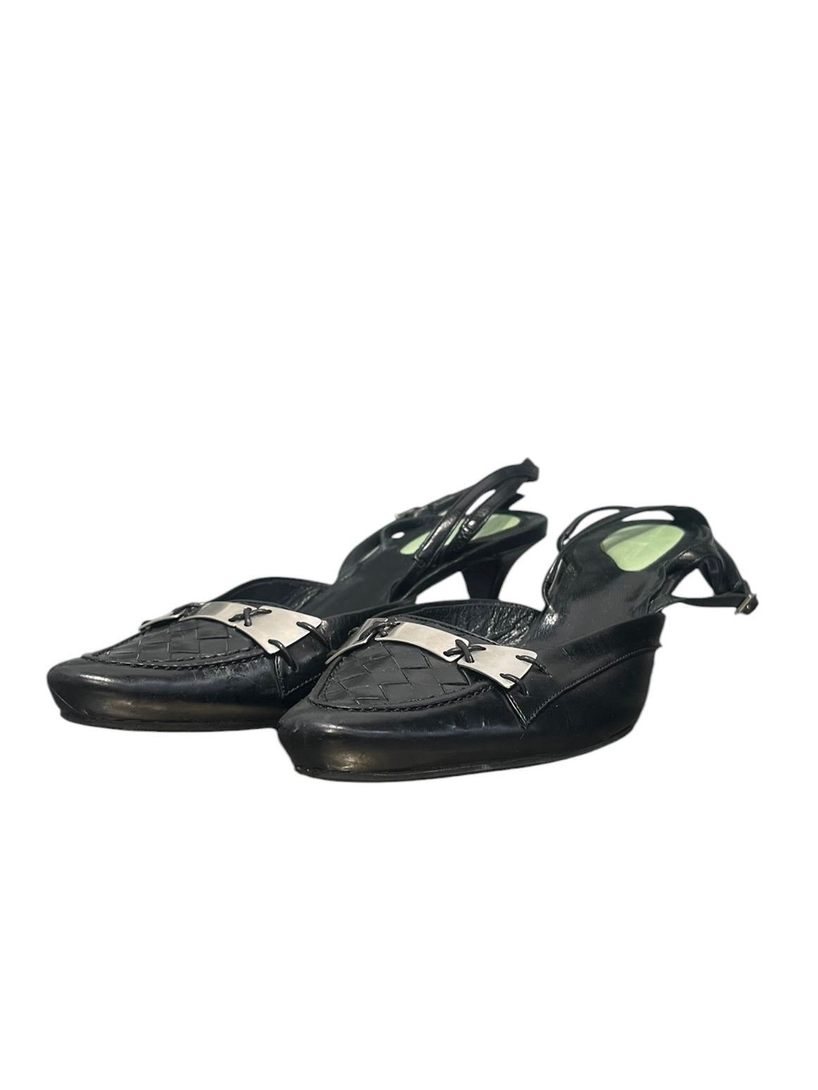 BOTTEGA VENETA/Heels/EU 37.5/Leather/BLK/Pointed-Toe/woven toe-silver overlay view 2