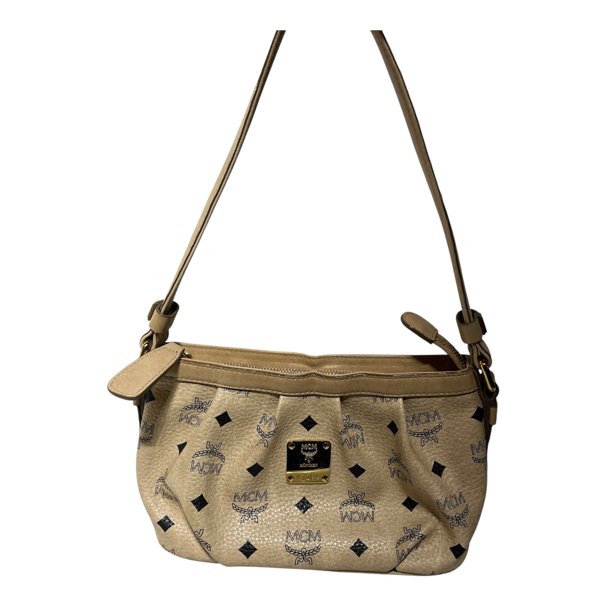 MCM/Hand Bag/Monogram/Leather/BEG/ruched leather shoulder bag view 1