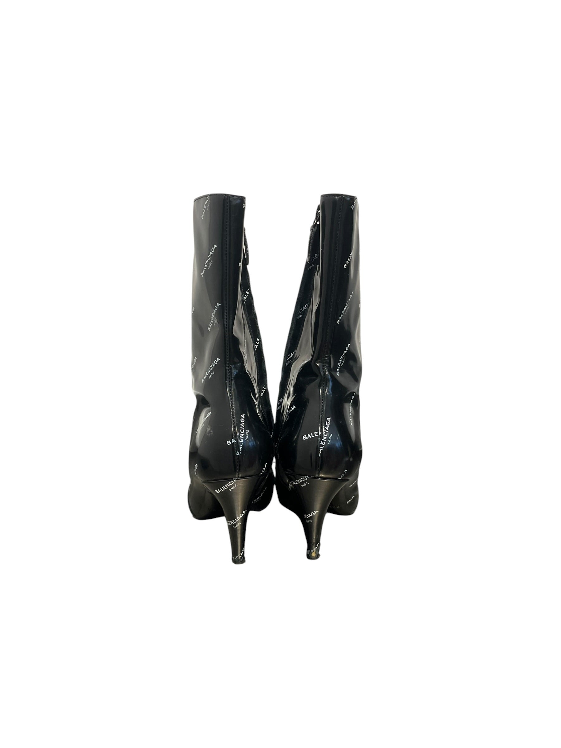 BALENCIAGA/Heels/EU 38/Monogram/Faux Leather/BLK/Patent/white logo zip up boot pointed view 4