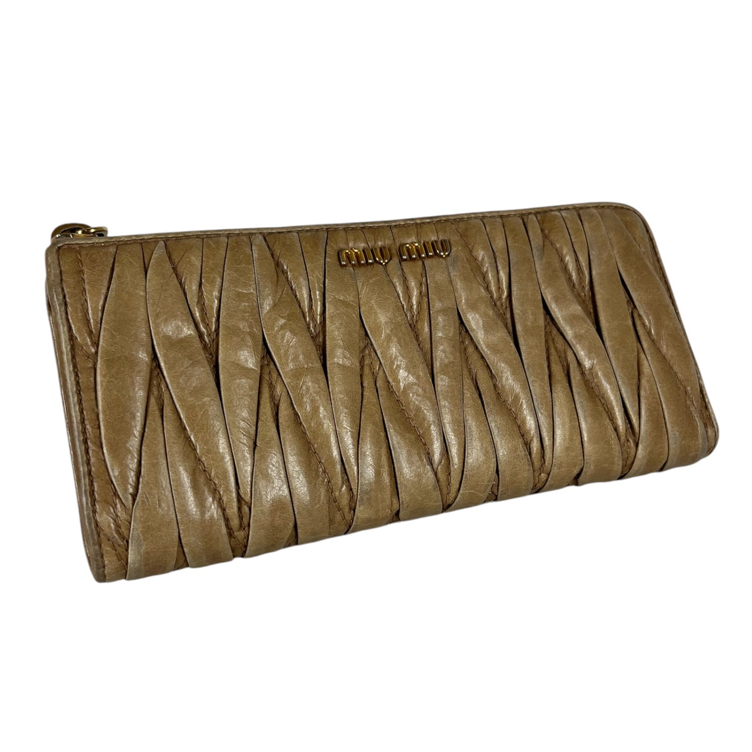 MIU MIU/Long Wallet/Leather/BEG/crinkle zipper wallet view 1