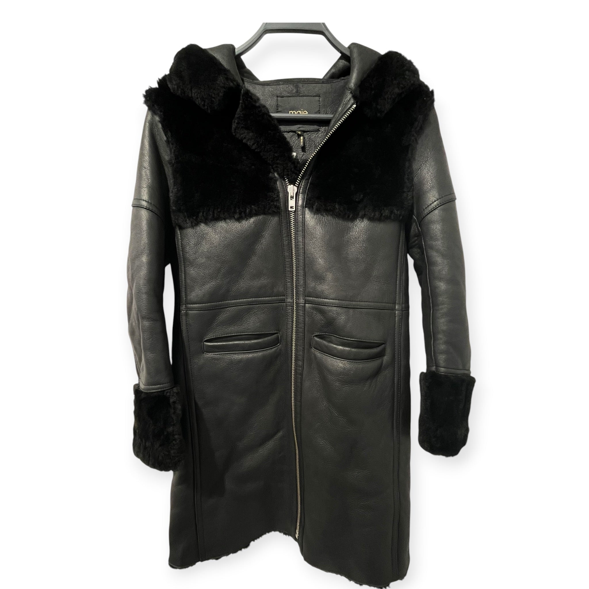 maje/Leather Jkt/36/Leather/BLK/SHEARLING LINING/ HOOD view 1