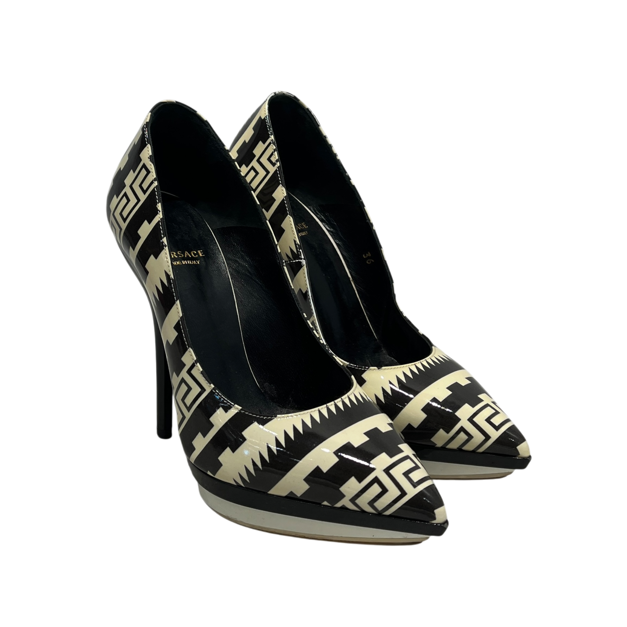 VERSACE/Heels/EU 36/All Over Print/Leather/BLK/V-Tip/Geometric Pattern Pointed Toe view 1