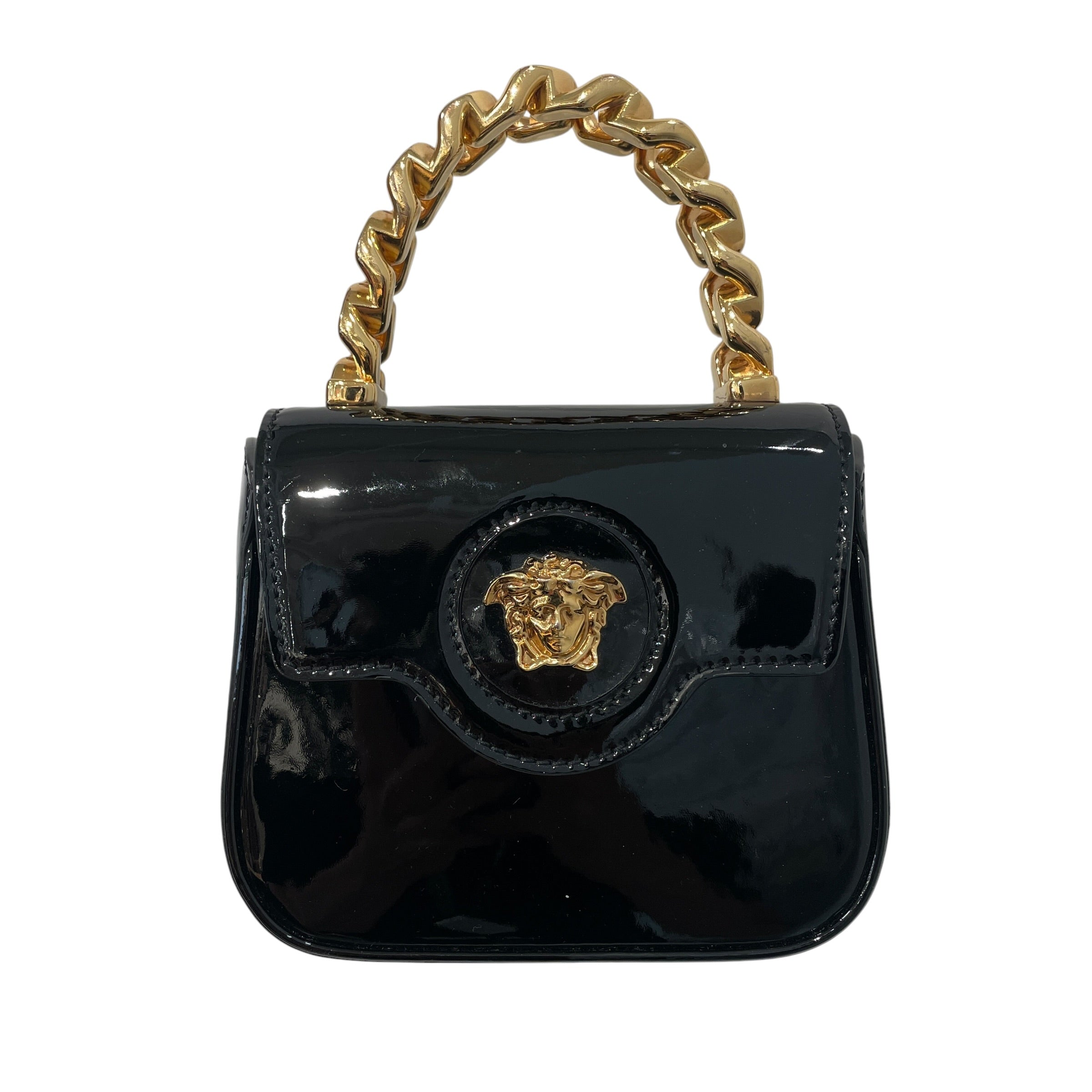 VERSACE/Hand Bag/Leather/BLK/GOLD METAL STRAP/ GOLD LOGO view 1