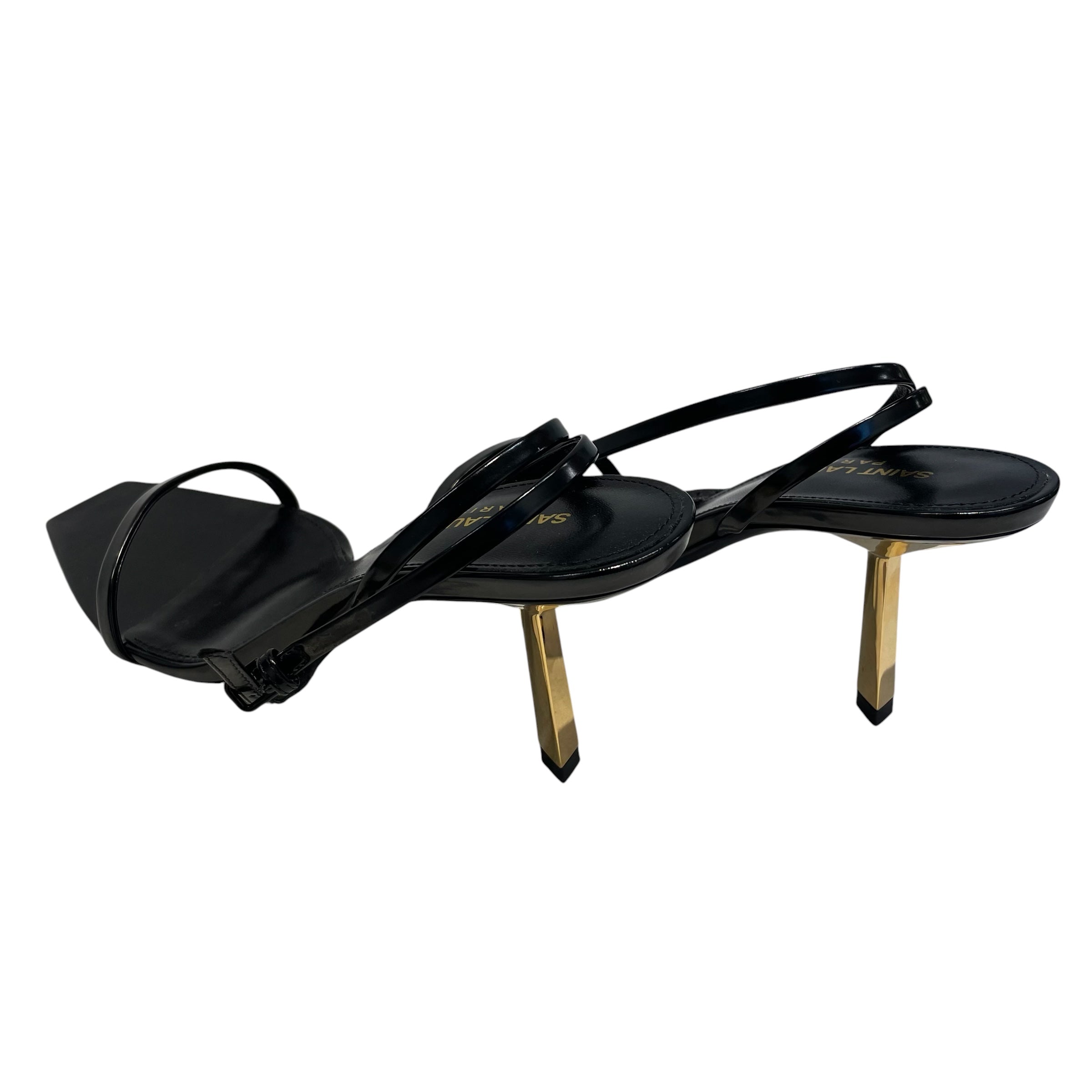 YVES SAINT LAURENT/Heels/US 8.5/Leather/BLK/gld heel/oepn toe/blk straps view 2