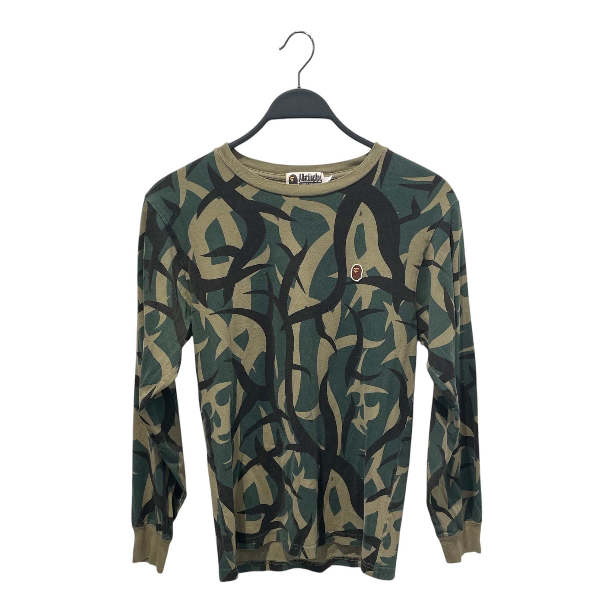 A BATHING APE/LS T-Shirt/S/Cotton/GRN/Camouflage/tribal camo ape embroider view 1