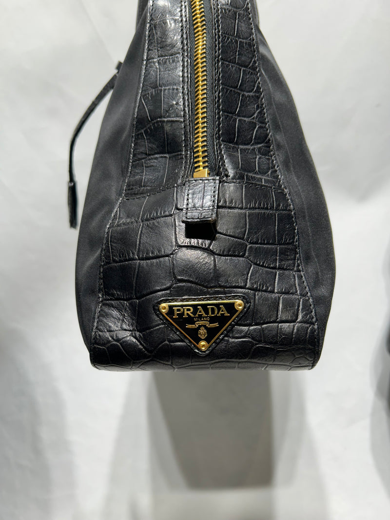 PRADA/Bag/Nylon/BLK/CROCODILE LEATHER ACCENT