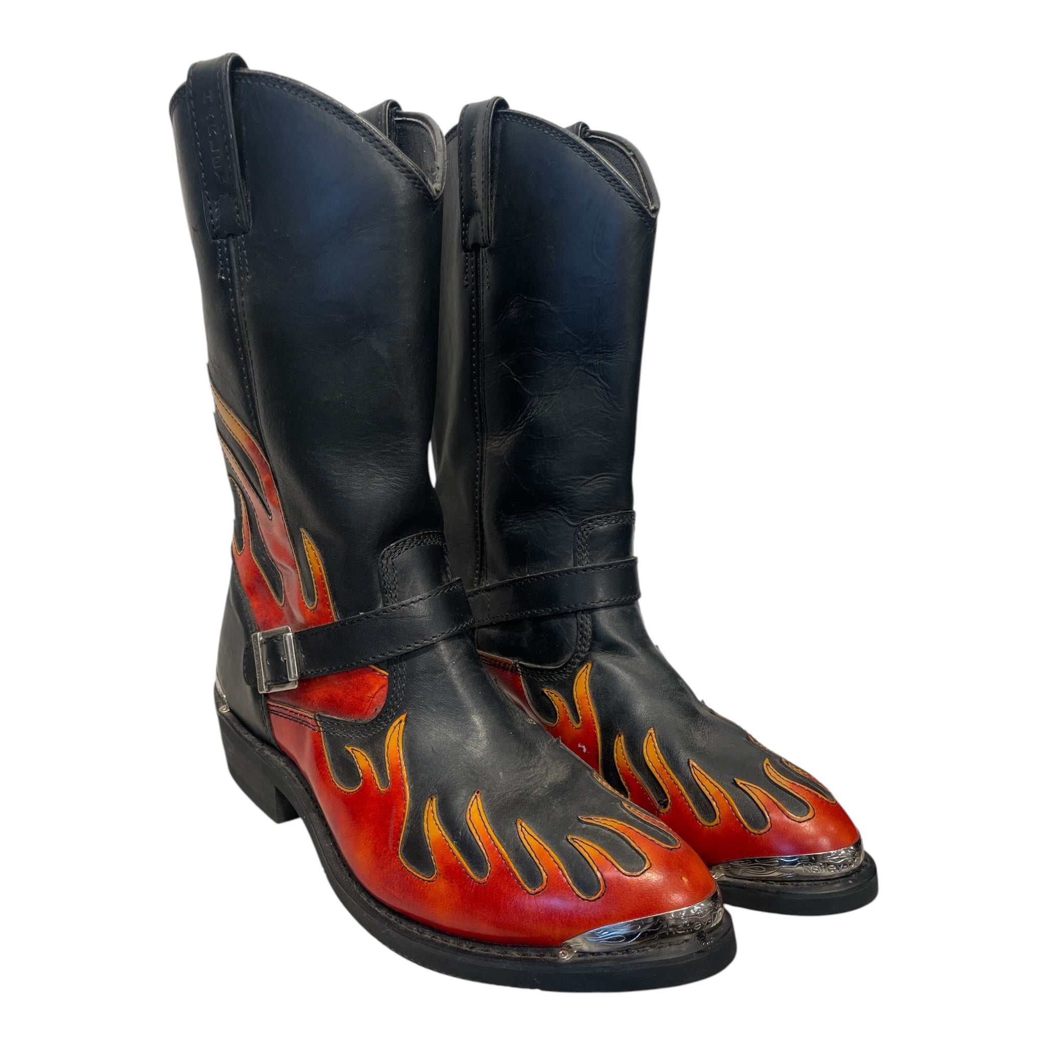 HARLEY DAVIDSON/Cowboy Boots/US 12/Graphic/Leather/BLK/buckle/orange flames/metal toe view 1