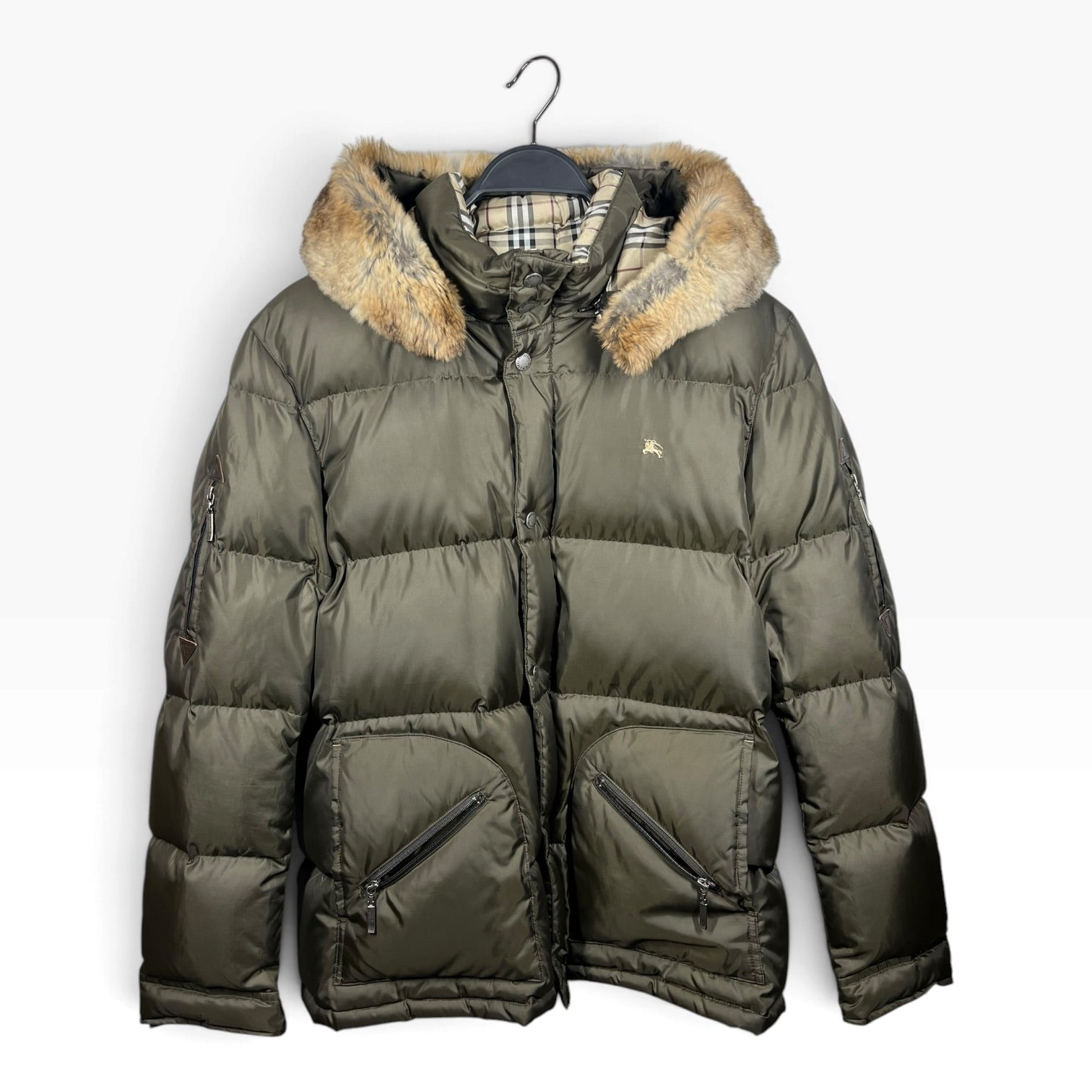 BURBERRY BLACK LABEL/Puffer Jkt/L/Polyester/GRN/Goose Down Rabbit Fur Collar view 1