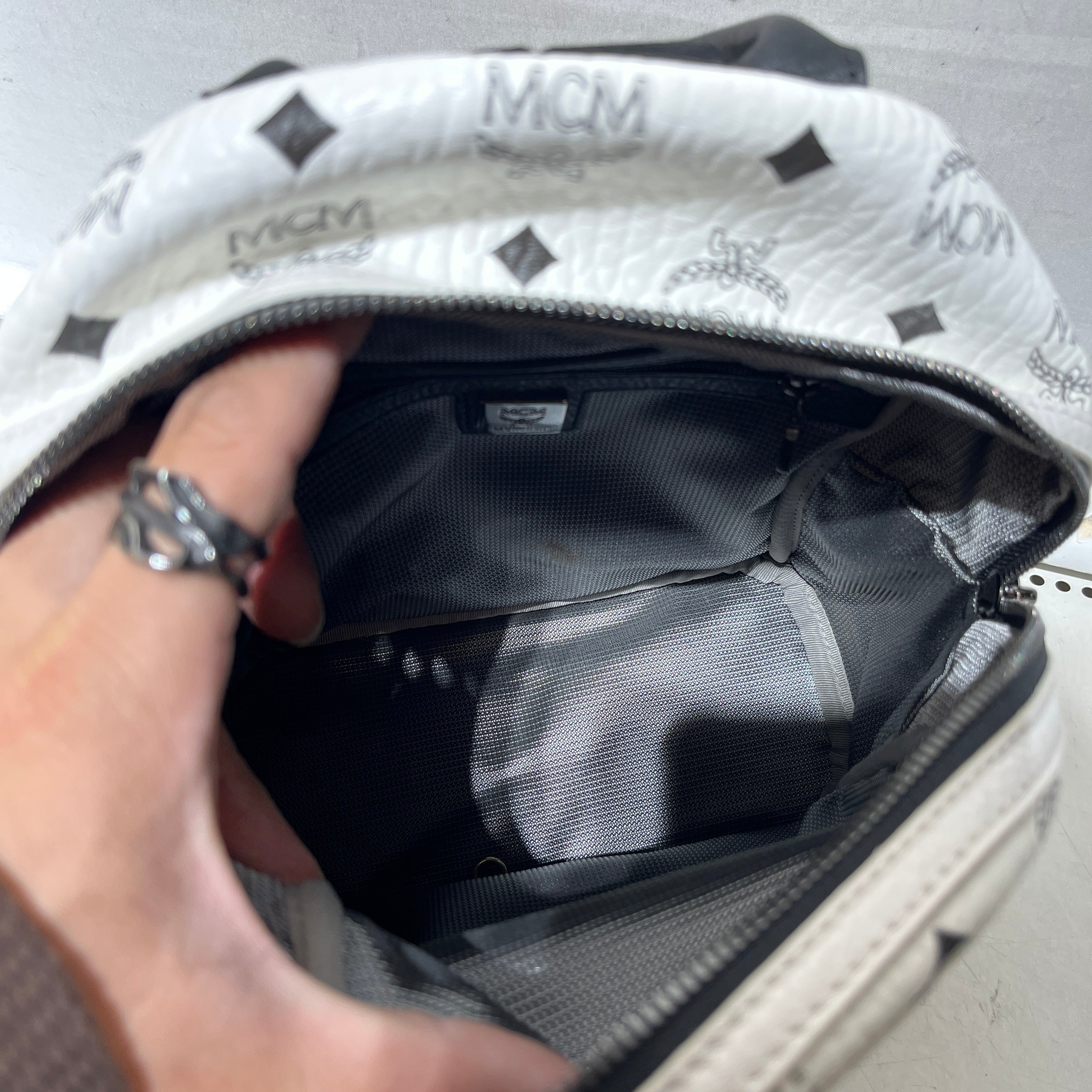 MCM/Backpack/Monogram/Leather/WHT/black studded mini view 6