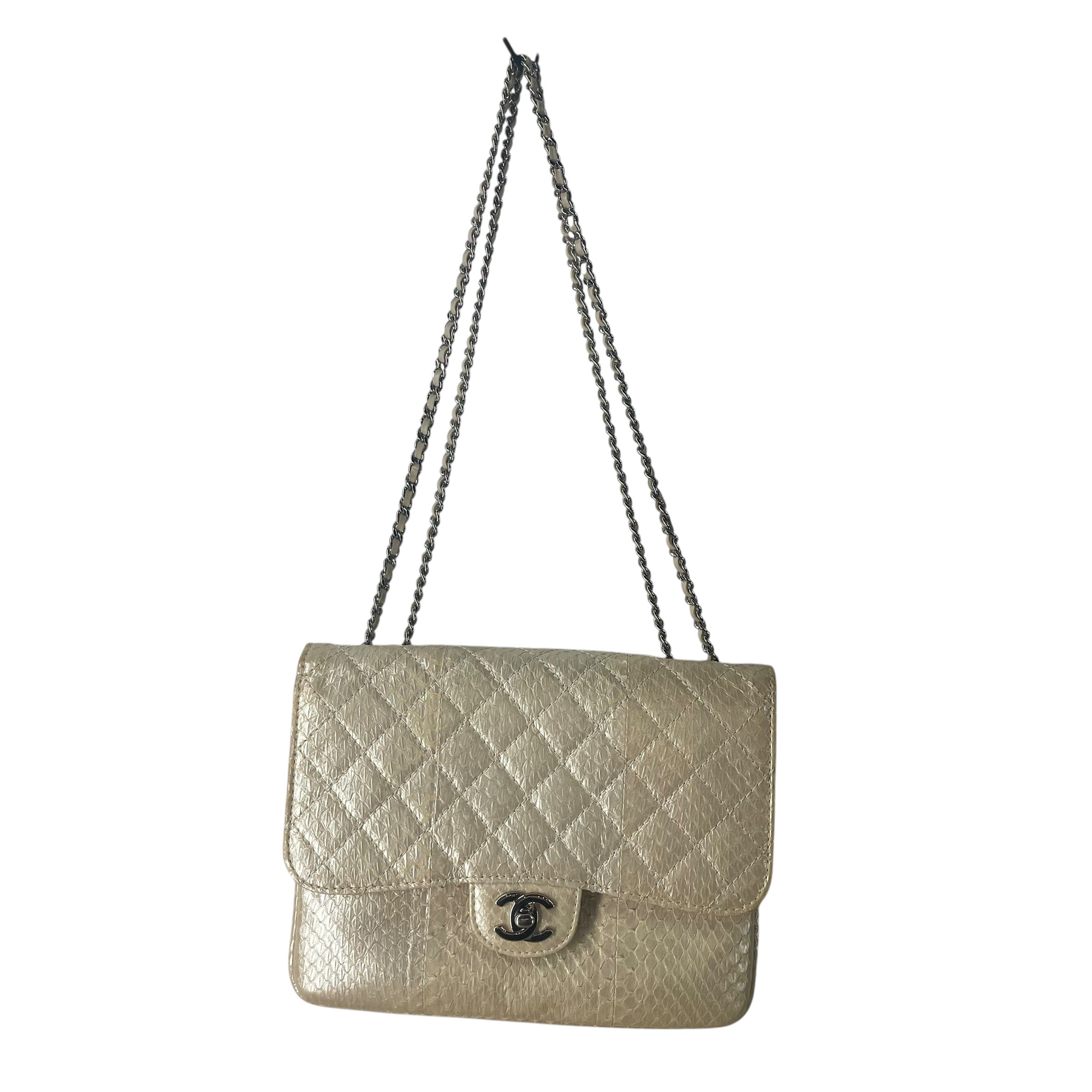 CHANEL/Cross Body Bag/Animal Pattern/Leather/CRM/PYTHON CLASSIQUE SIL HARDWARE view 1