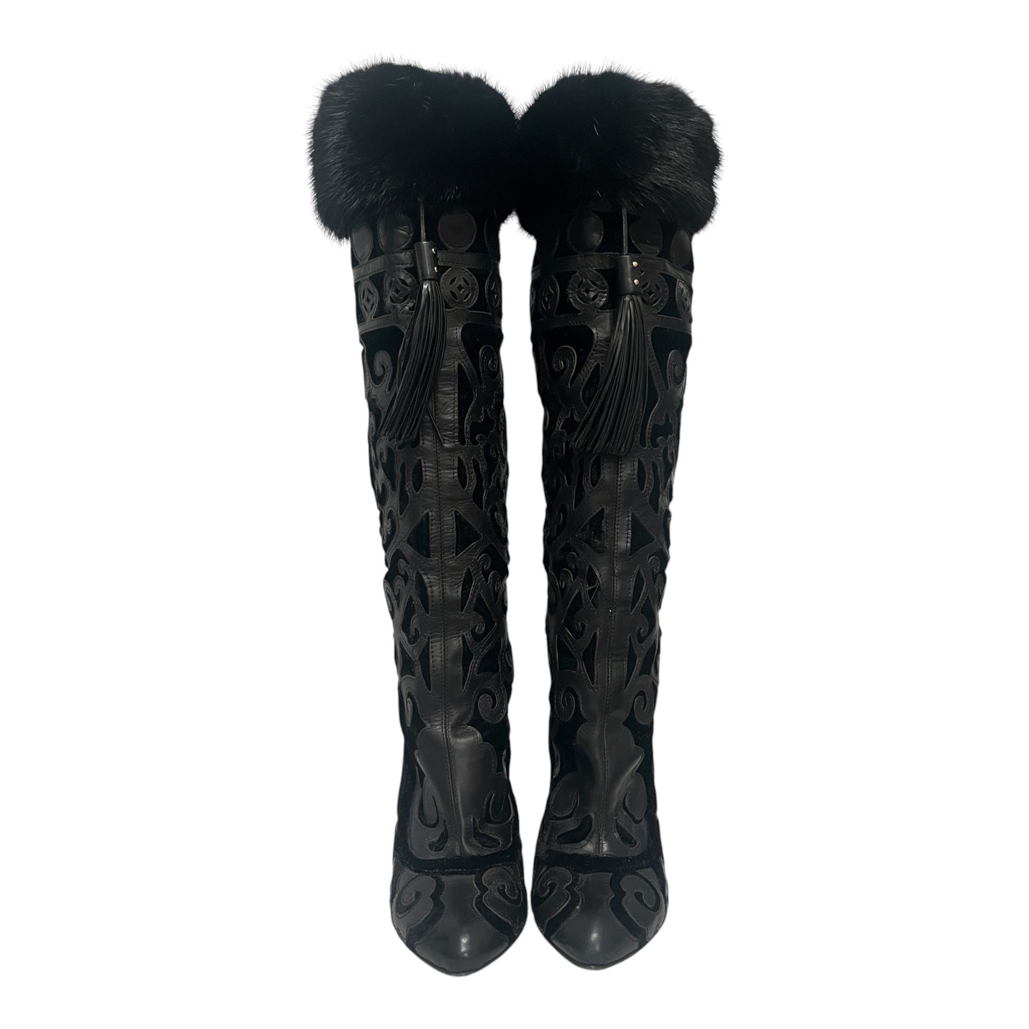 YVES SAINT LAURENT/Long Boots/EU 35.5/BLK/FUR TRIM PATTERNED WEDGE BOOT view 2