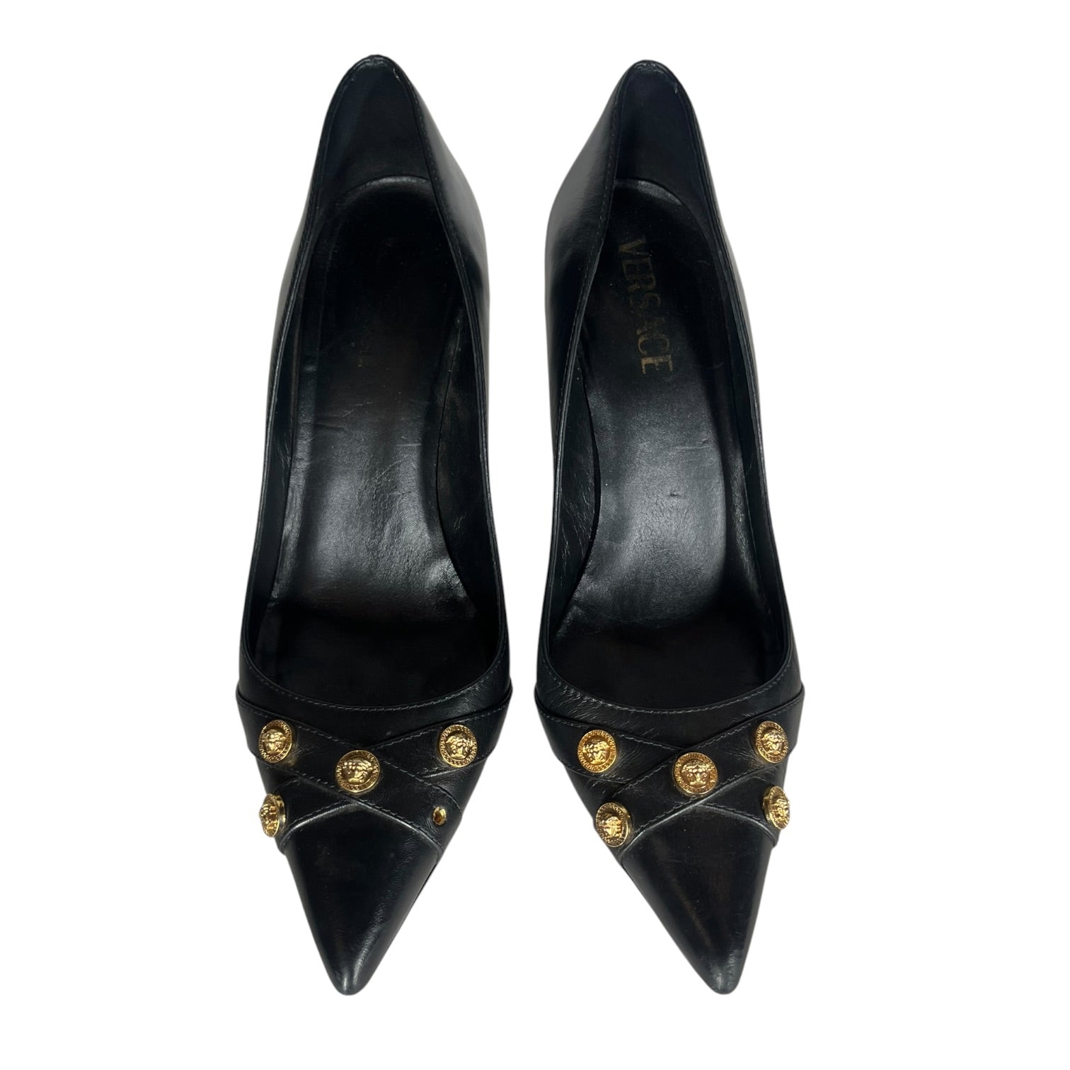 VERSACE/Heels/EU 38.5/Leather/BLK/GOLD BUTTONS view 3