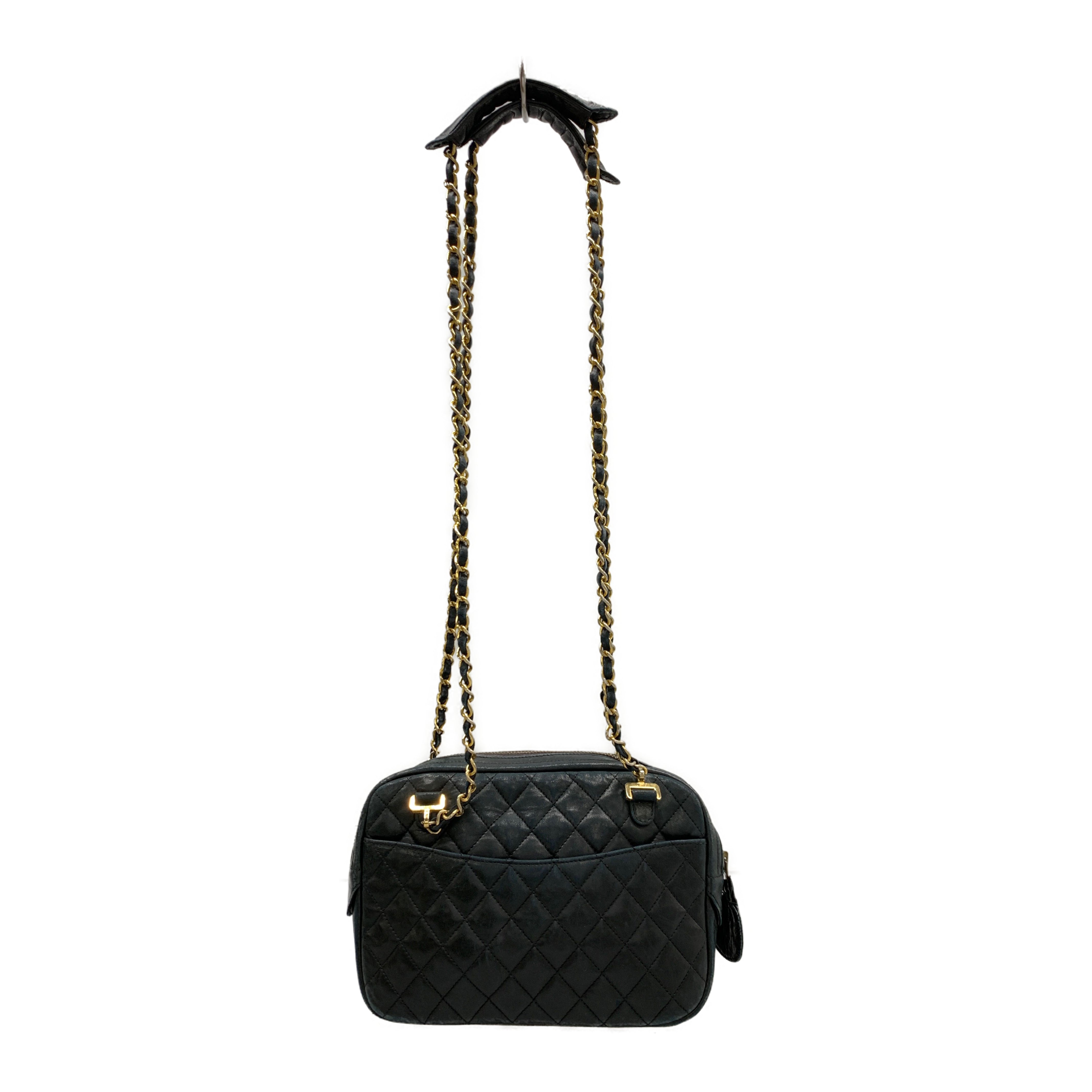 CHANEL/Cross Body Bag/Leather/Black/camera patch logo zip view 2