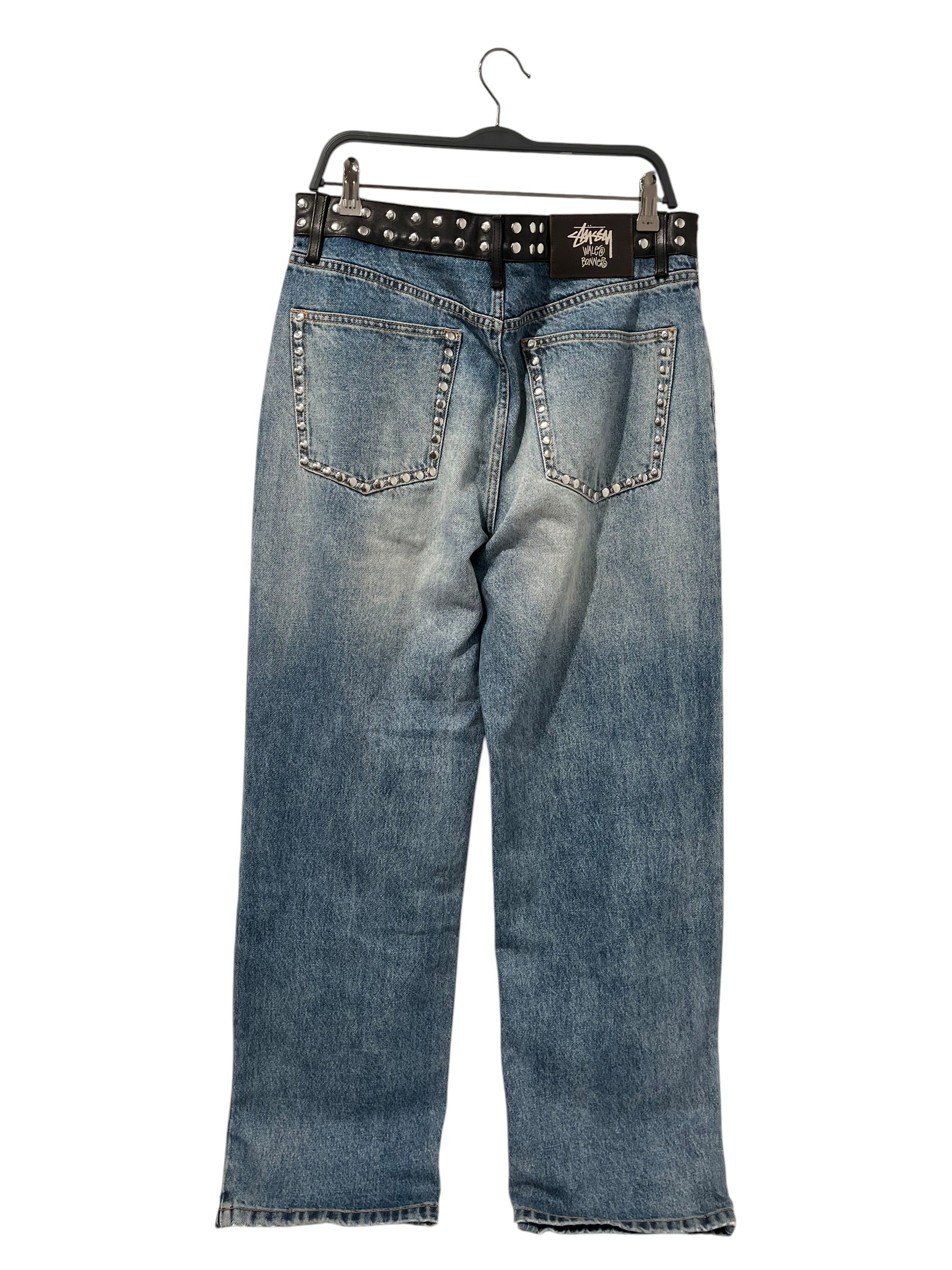STUSSY/WALES BONNER/Straight Pants/32/Denim/BLU/Button Fly/studded/ leather waistband view 2