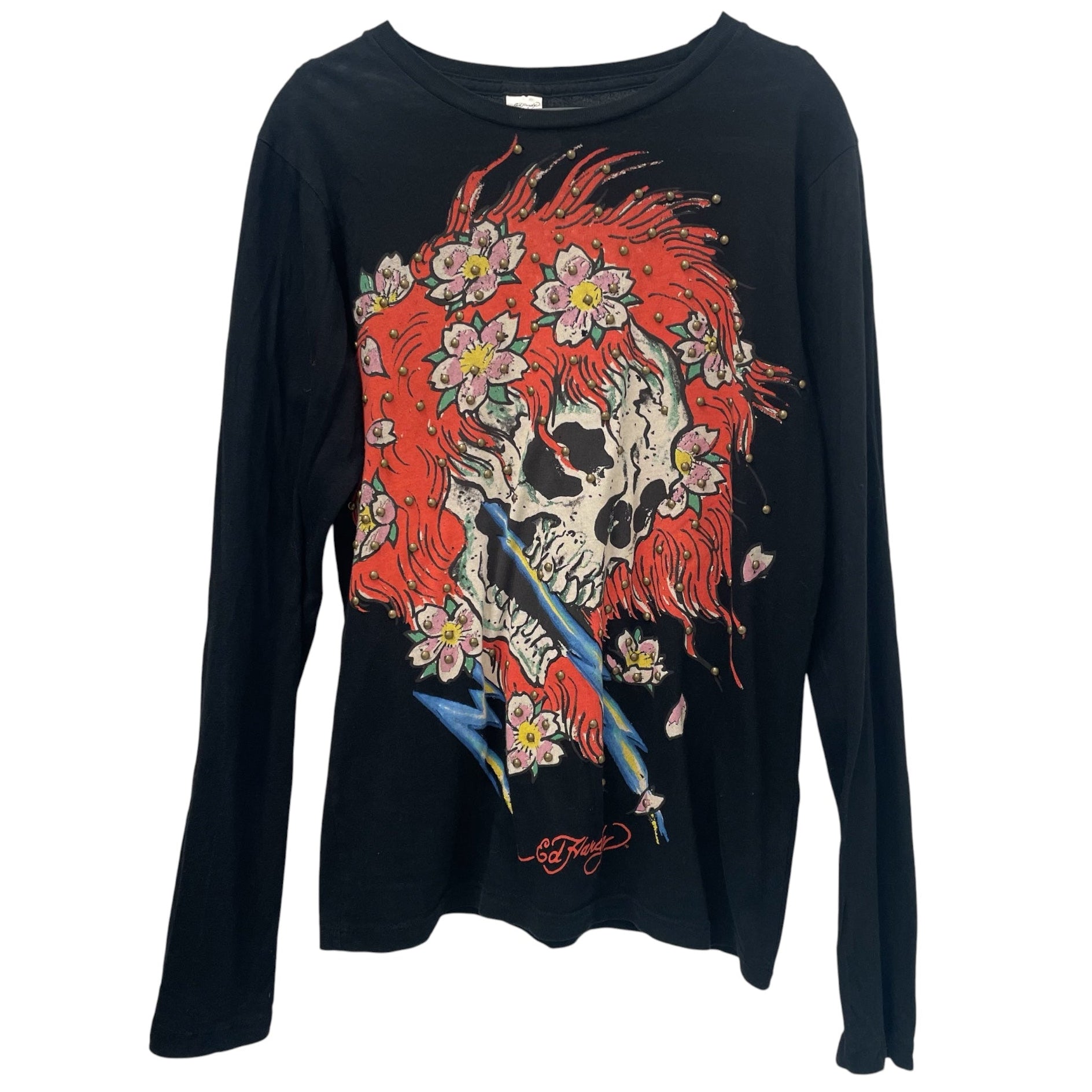 Ed Hardy/LS T-Shirt/S/Cotton/BLK/All Over Print/red hair skull view 1
