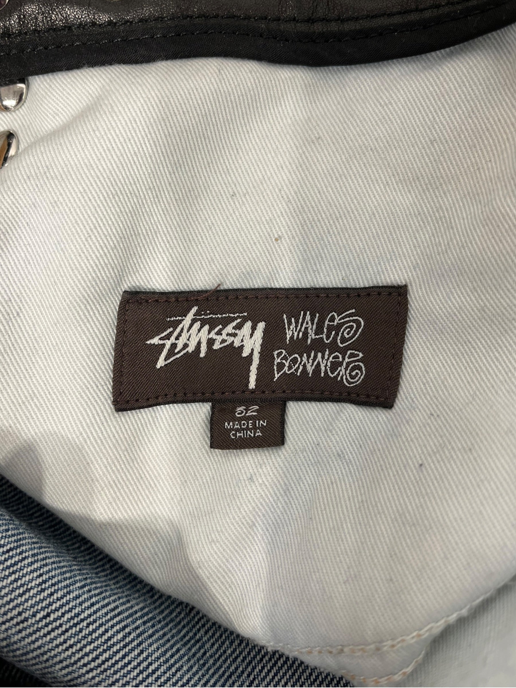 STUSSY/WALES BONNER/Straight Pants/32/Denim/BLU/Button Fly/studded/ leather waistband view 3