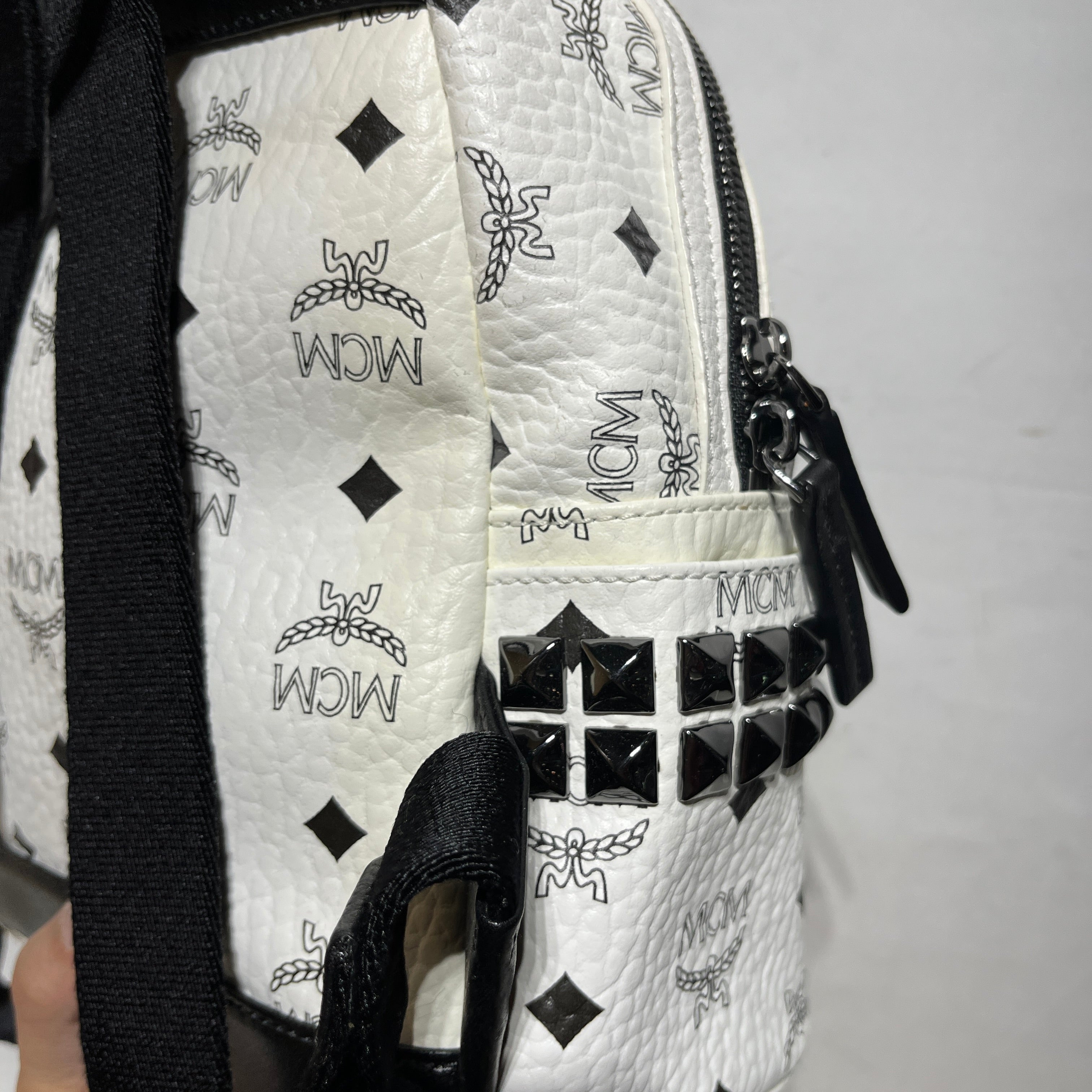 MCM/Backpack/Monogram/Leather/WHT/black studded mini view 7