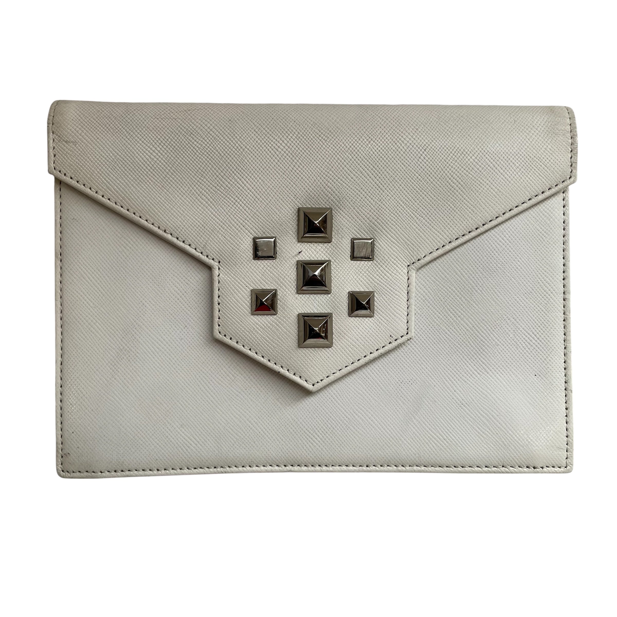 YVES SAINT LAURENT/Clutch Bag/Leather/WHT/SILVER STUDS/MONOGRAM LINEN view 1