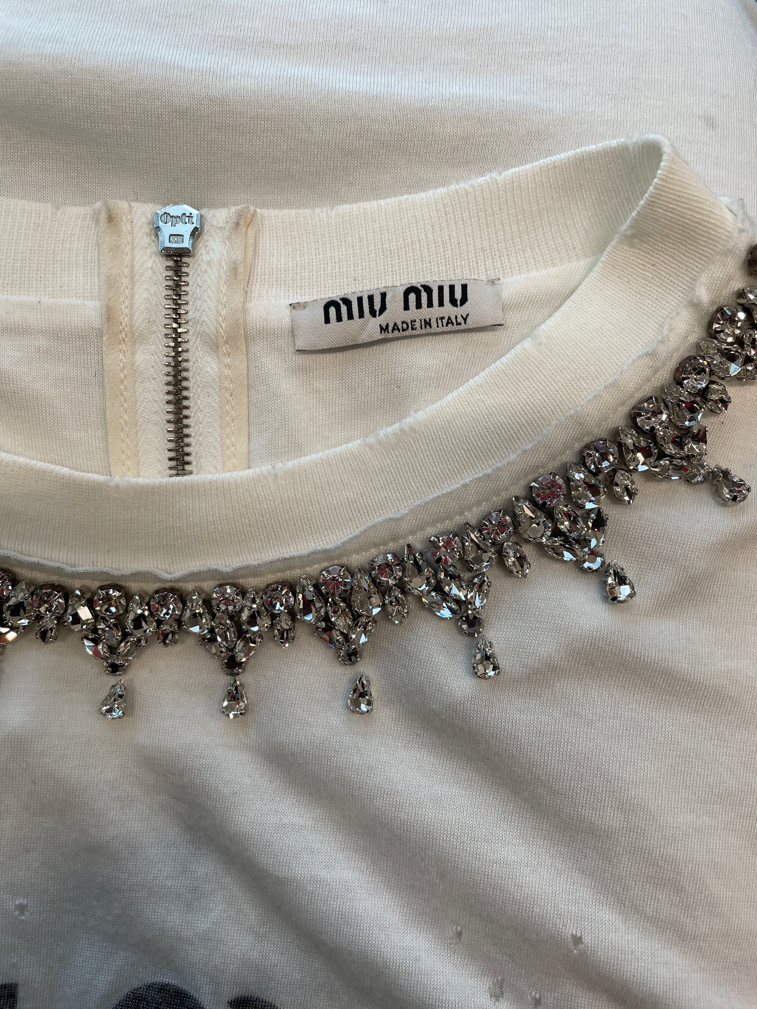 MIU MIU/T-Shirt/S/Cotton/WHT/RHINESTONE NECK\BACK ZIP view 4