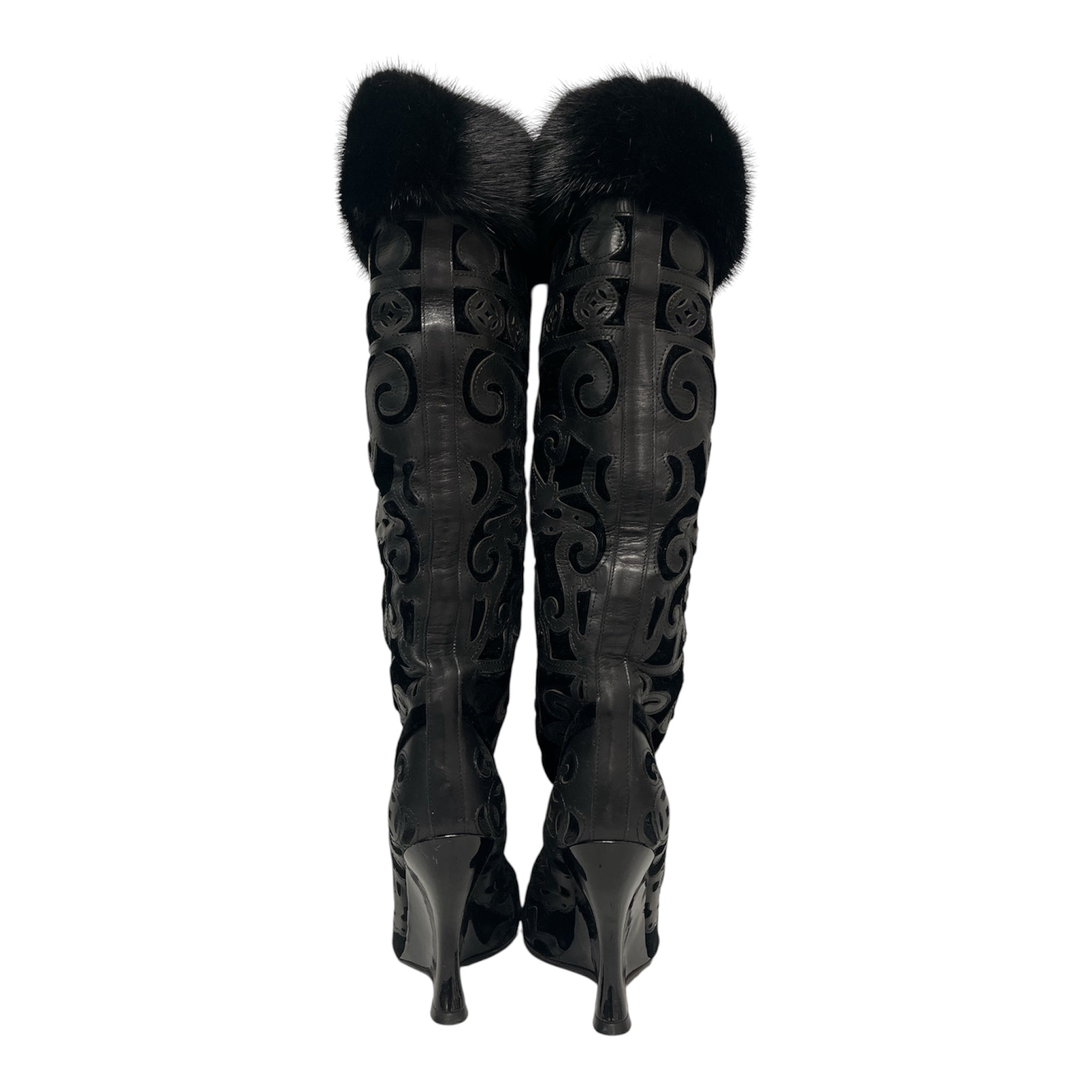 YVES SAINT LAURENT/Long Boots/EU 35.5/BLK/FUR TRIM PATTERNED WEDGE BOOT view 3
