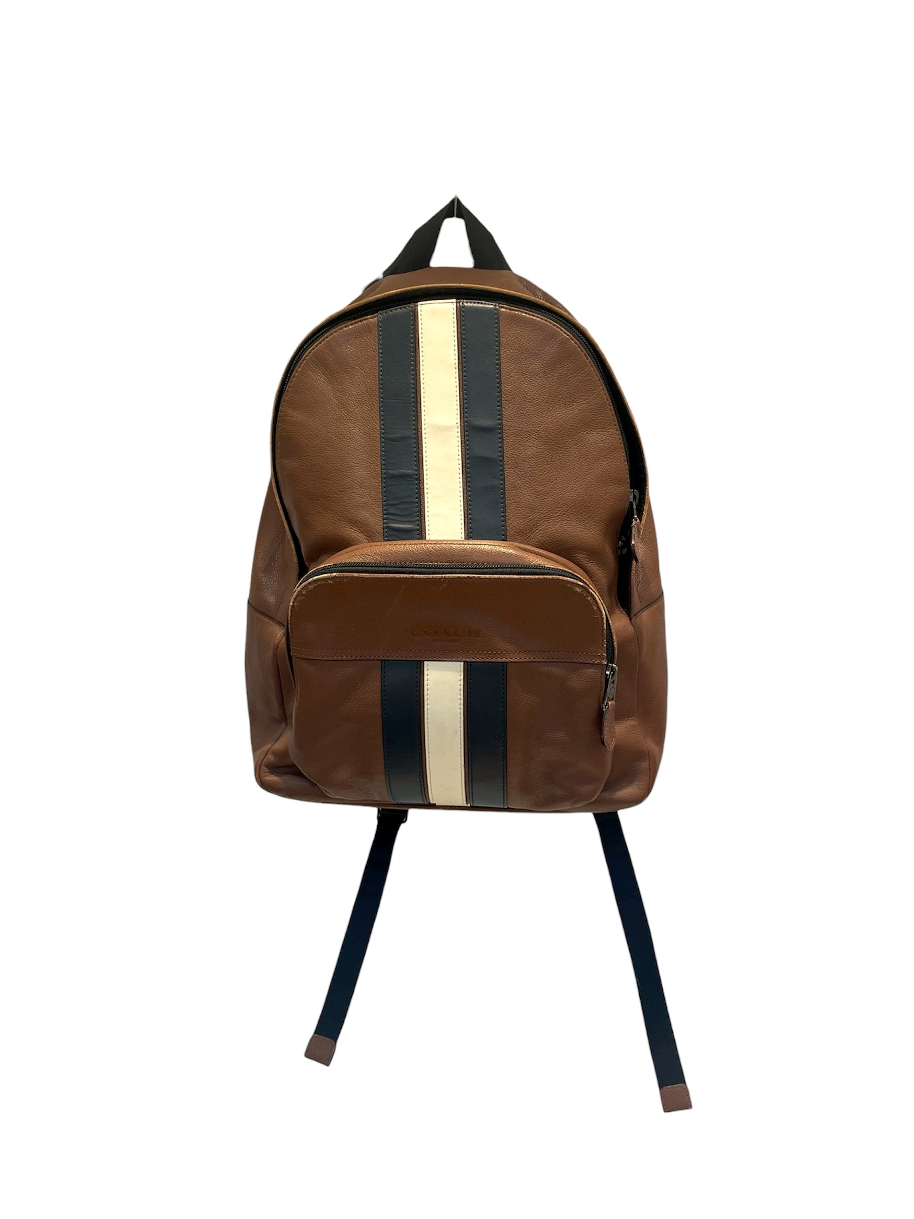 COACH/Backpack/Stripe/Leather/BRW/navy stripe down middle view 1