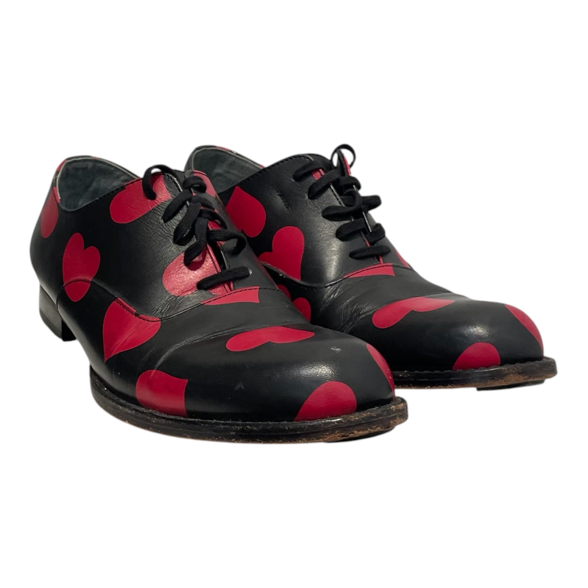 COMME des GARCONS/Dress Shoes/All Over Print/Leather/BLK/red heart loafers view 1
