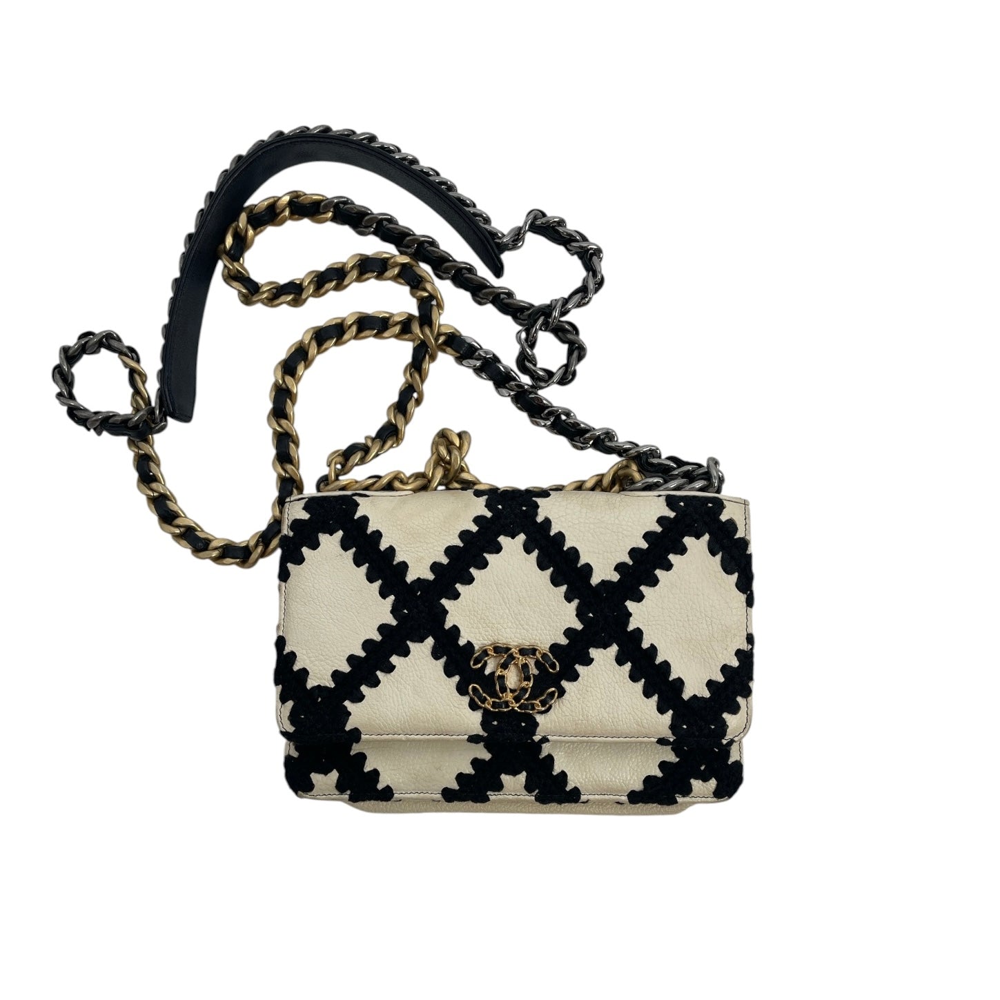 CHANEL/Cross Body Bag/Stripe/Leather/CRM/calfskin crochet blk criscros view 3