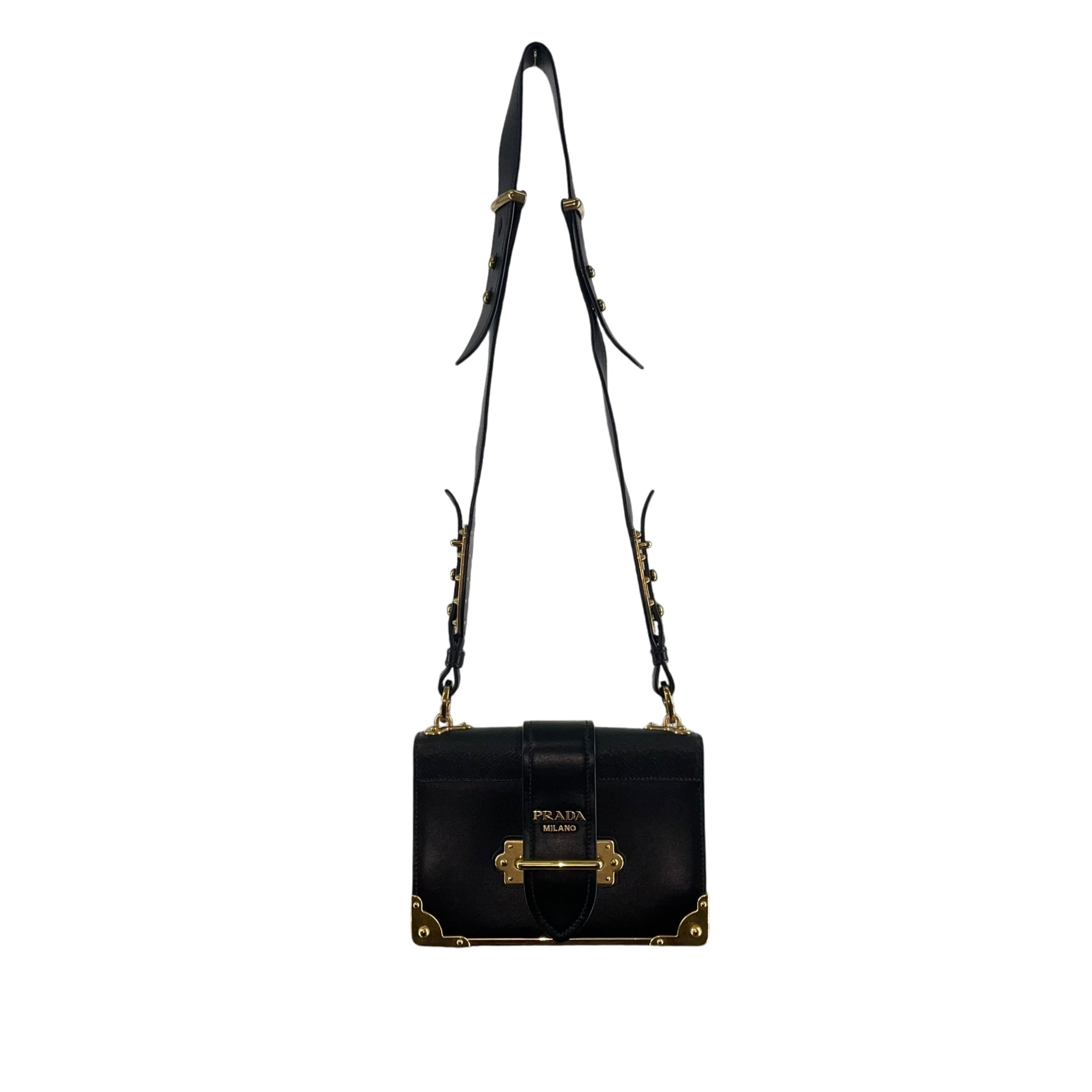PRADA/Cross Body Bag/Leather/BLK/25/GOLD HARDWARE/LEATHER FLAP view 1