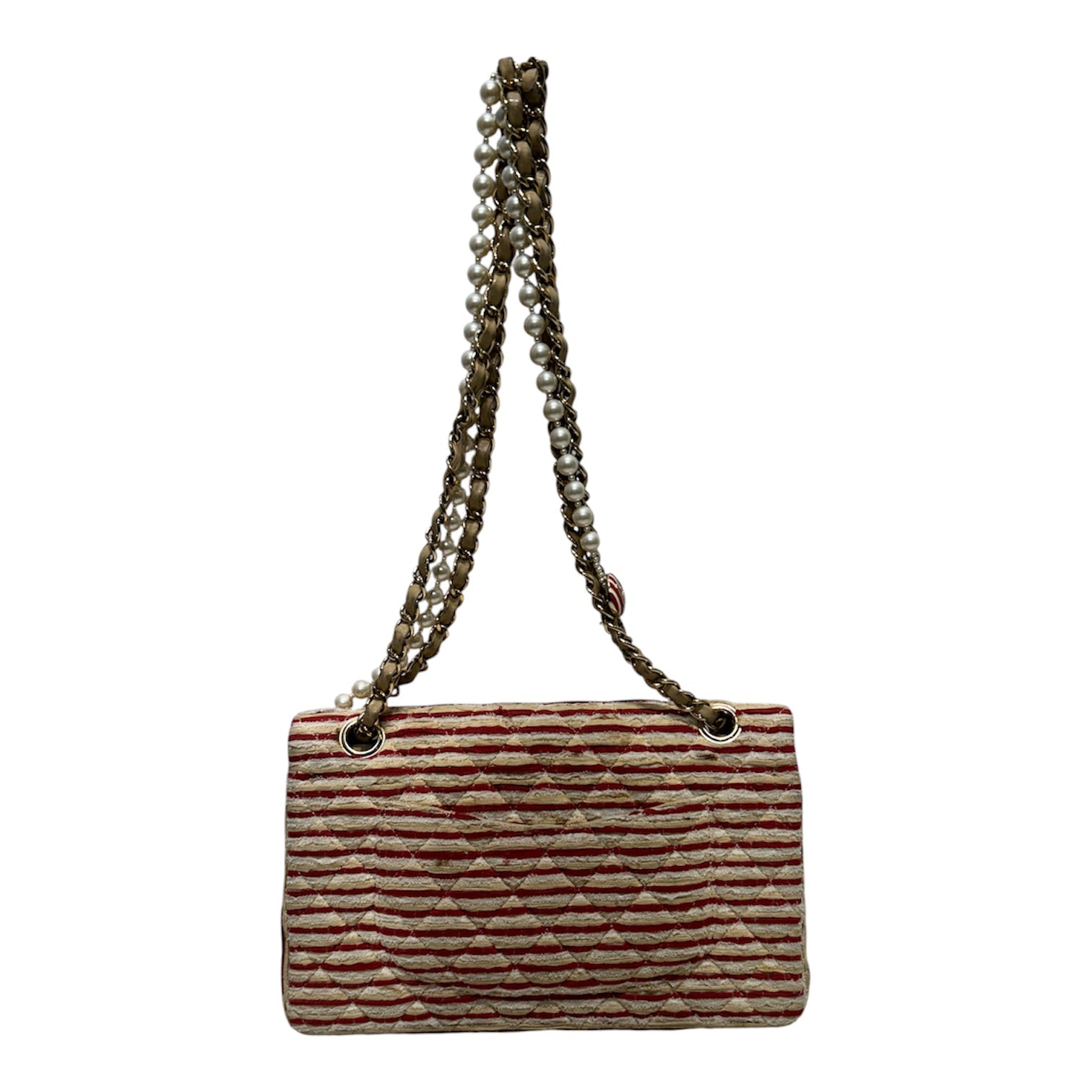 CHANEL/Bag/Stripe/Cotton/RED/RED CLOTH PEARL CHAIN STRAP view 2