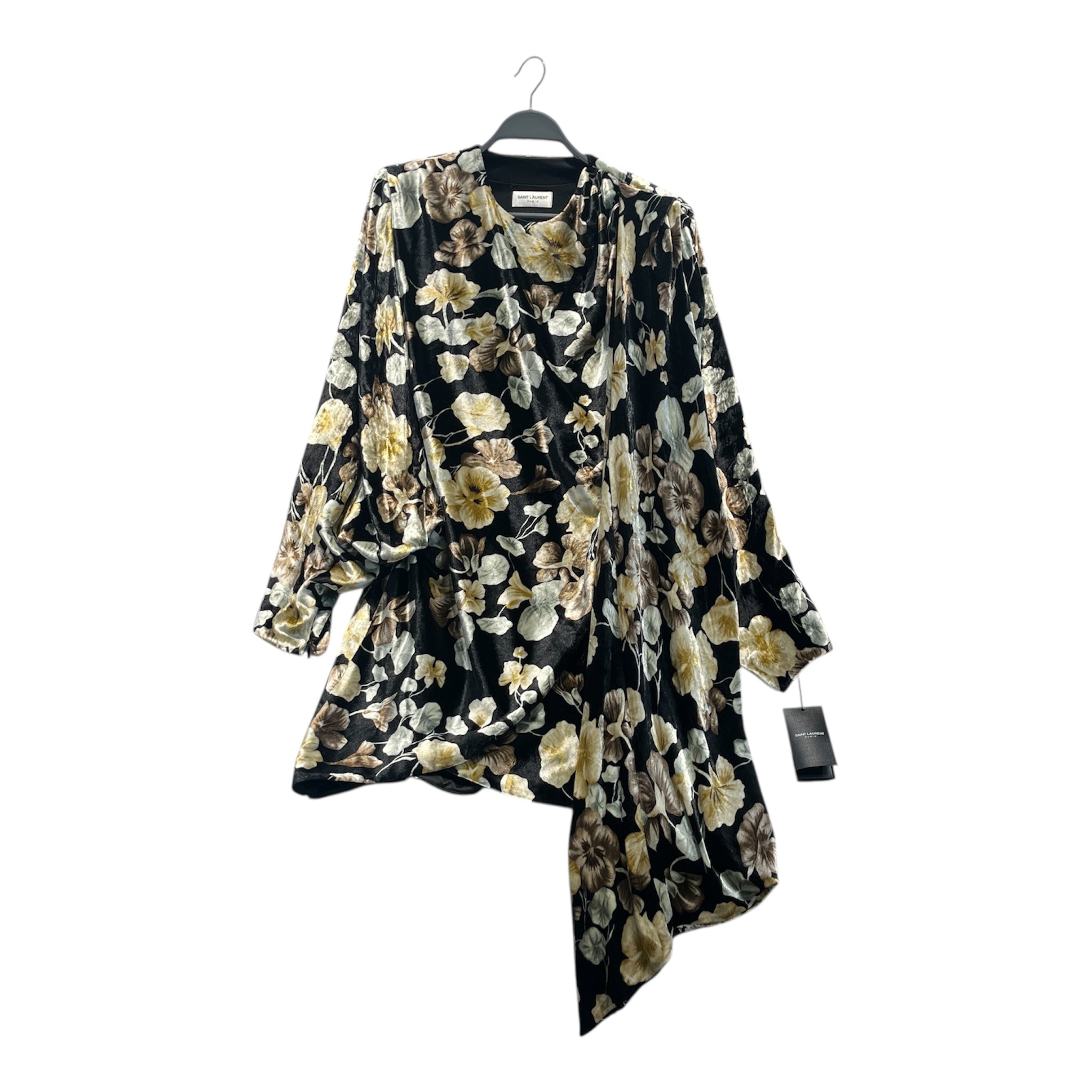 SAINT LAURENT/LS Dress/40/Floral Pattern/Velour/BLK/SHOULDER PAD FLORAL DRESS view 1