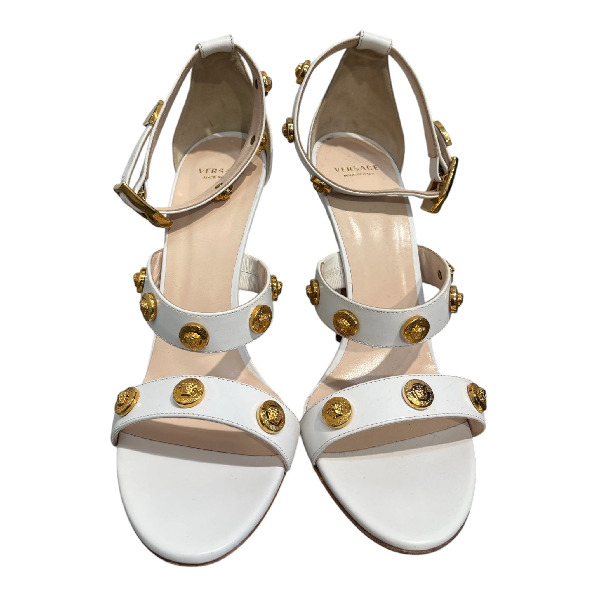 VERSACE/Heels/EU 39/Leather/WHT/WHITE STUDDED MEADUSA HEELS view 2