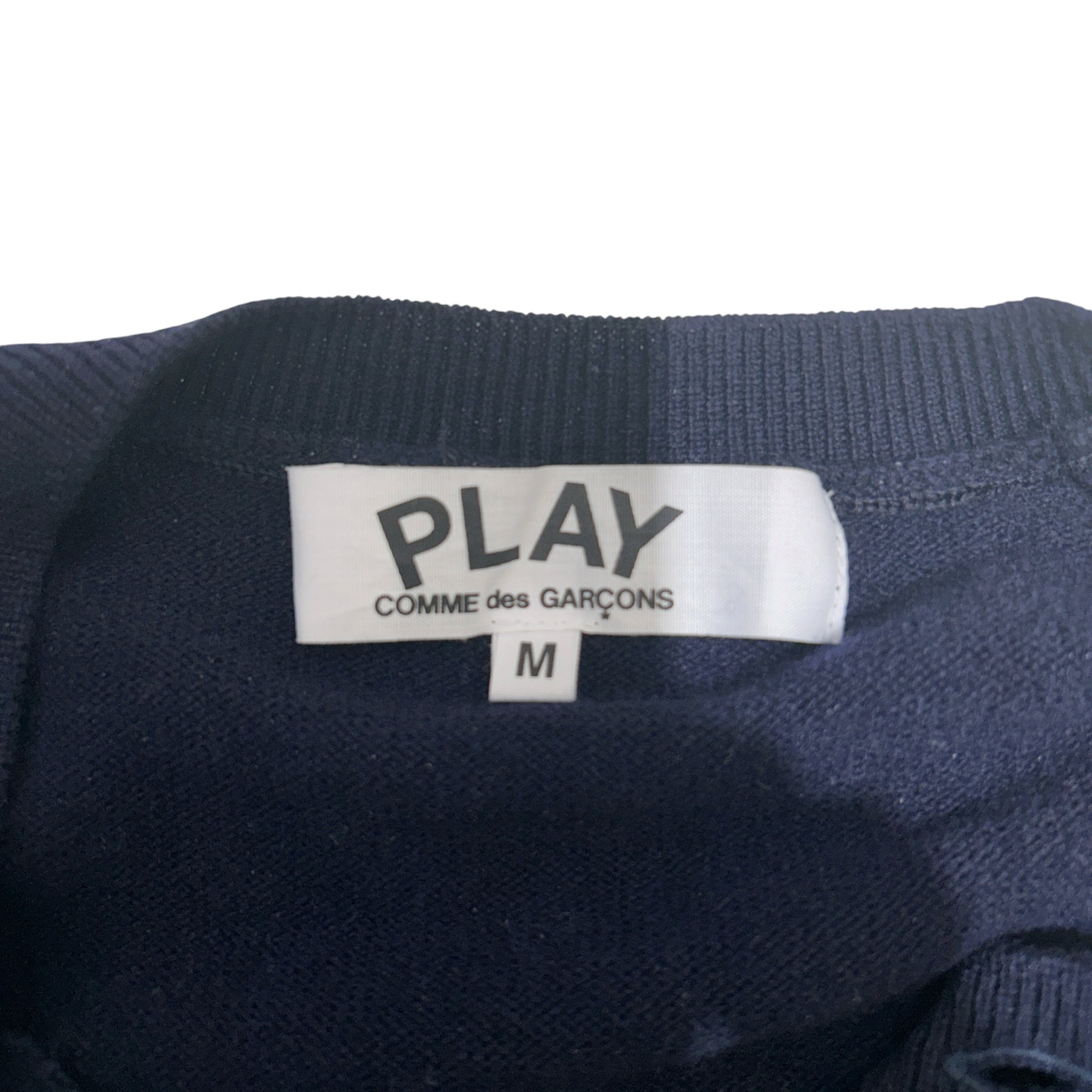 PLAY COMME des GARCONS/Cardigan/M/Wool/NVY/RED HEART GRY STRIPE BOTTOM view 3