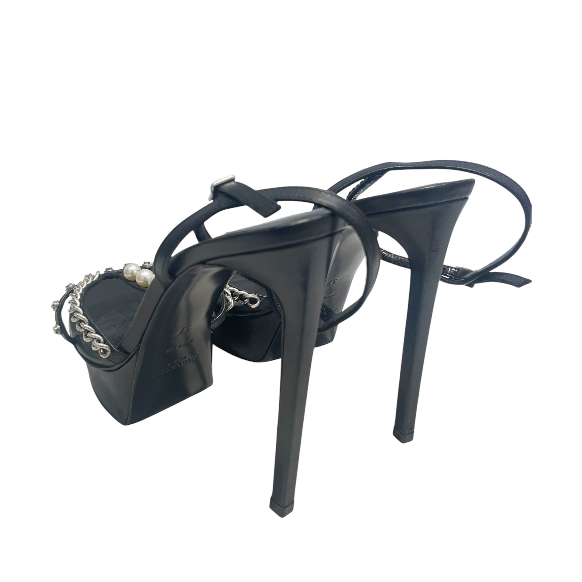SAINT LAURENT/Heels/EU 37/Leather/BLK/T-Strap/CHAINS W PEARLS view 2