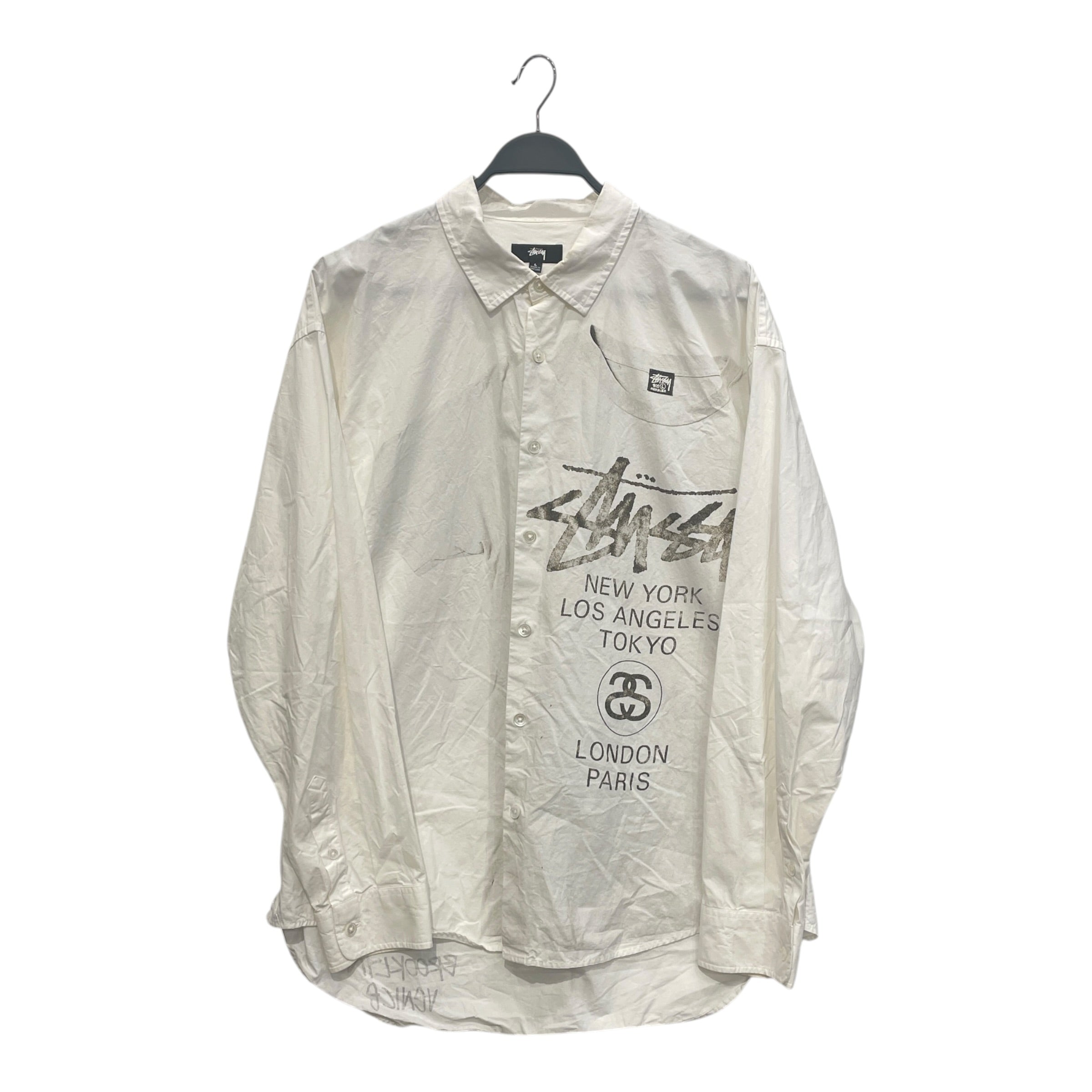 STUSSY/Flannel Shirt/L/Cotton/WHT/All Over Print/NY LA TOKYO LONDON PARIS view 1