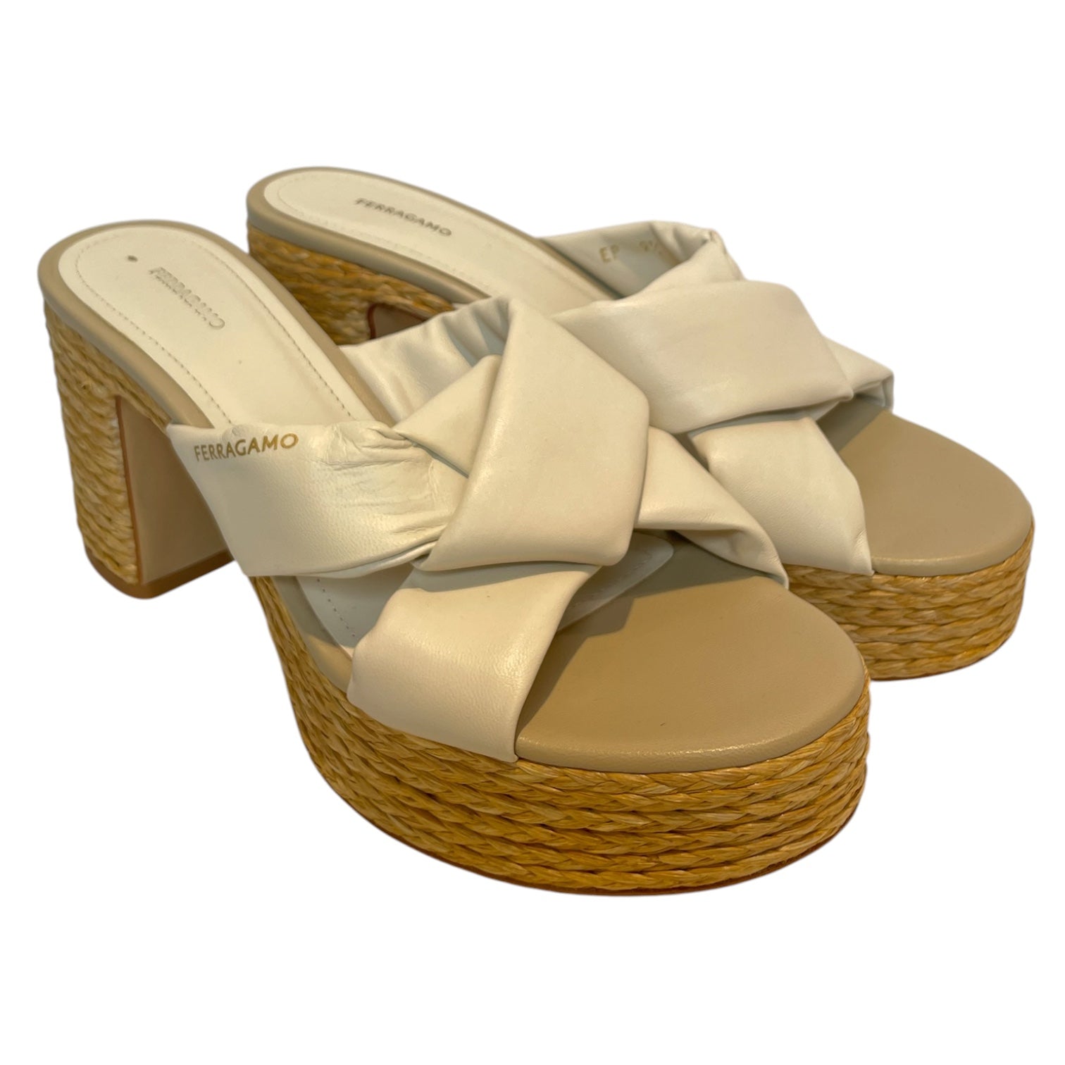 Salvatore Ferragamo/Heels/US 9.5/Leather/WHT/WOOD TWEED BOTTOM,Nameon sole view 1