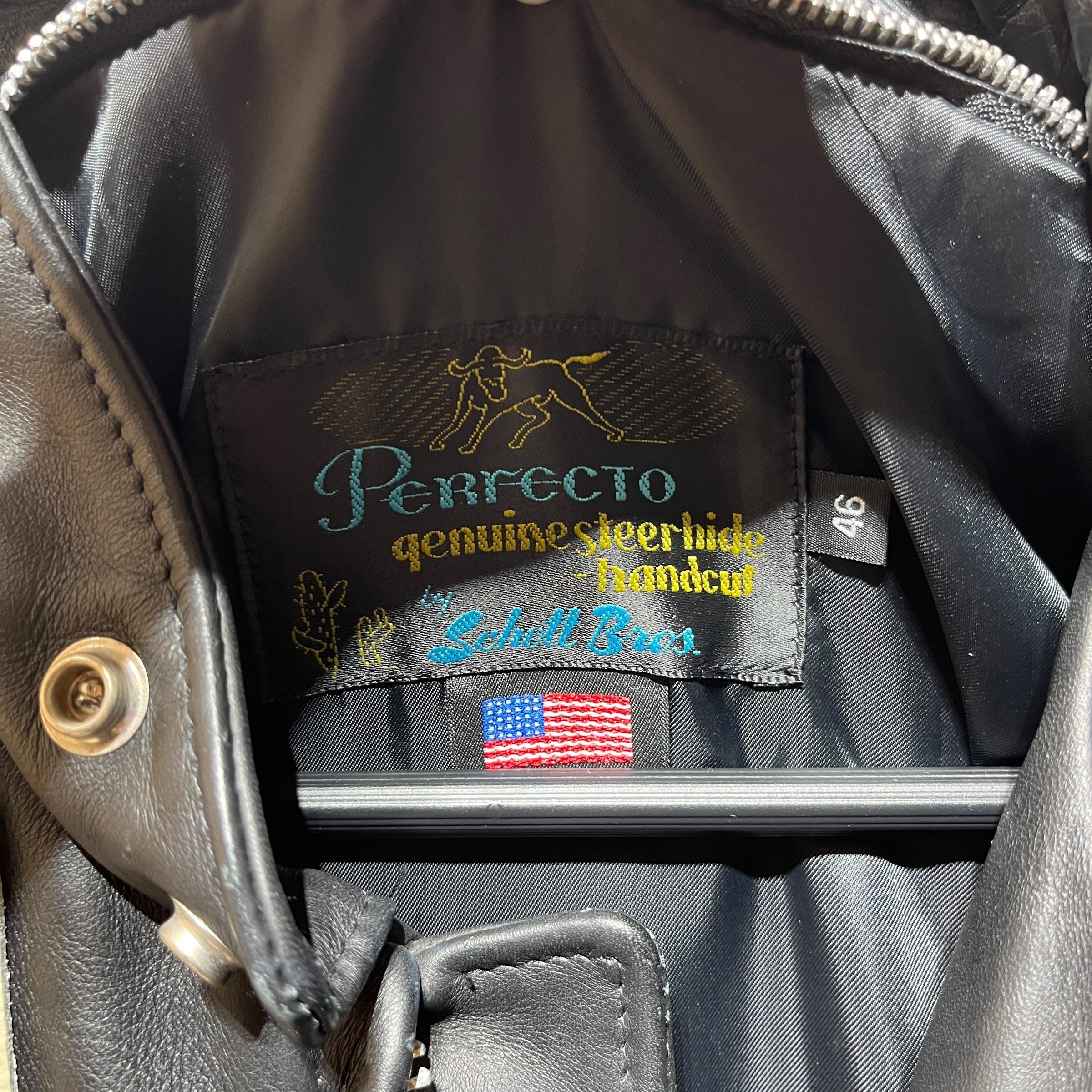Schott/Leather Jkt/46/Leather/BLK/american flag view 3