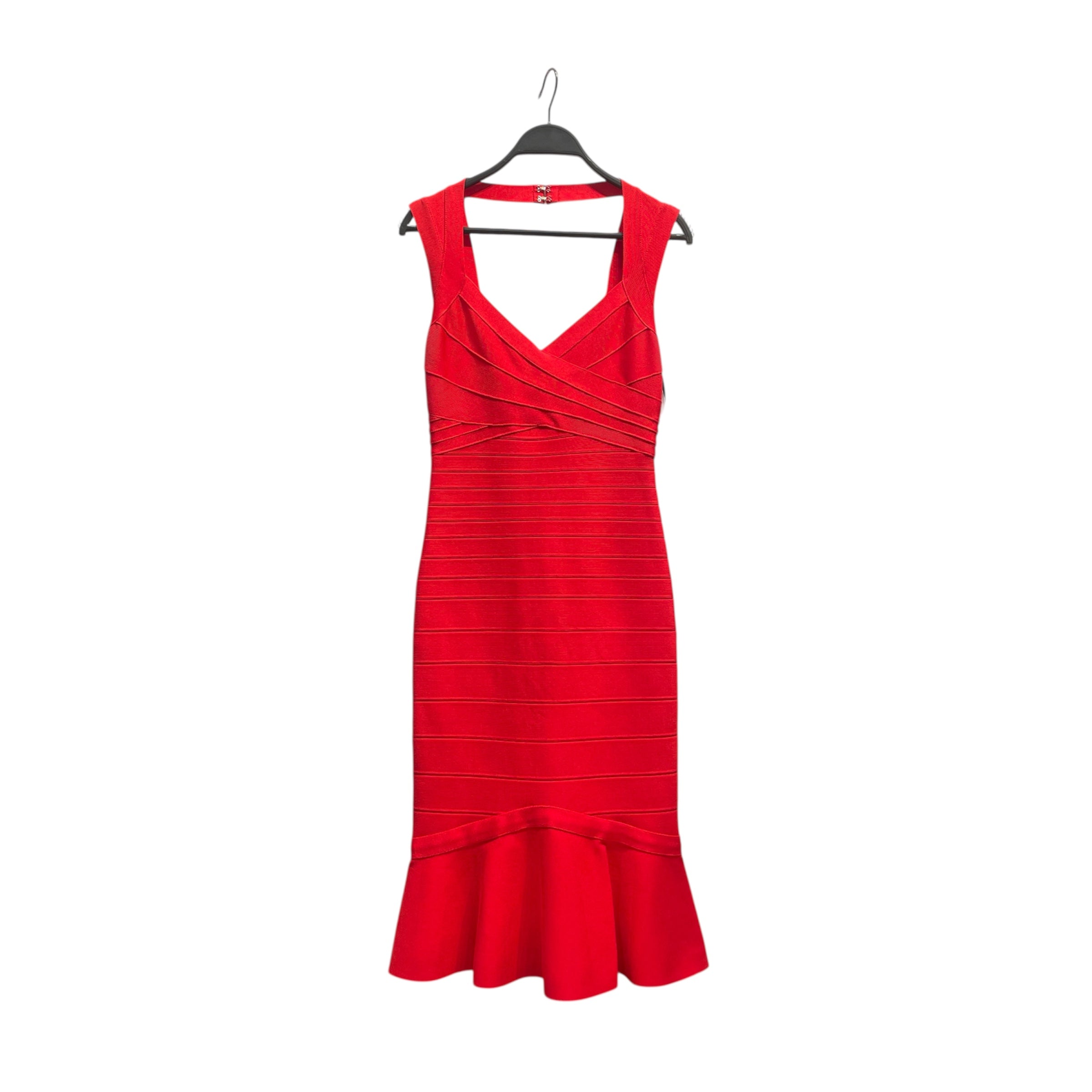 Herve Leger/SL Dress/M/Stripe/Rayon/RED/Midi Length/ruffle bottom view 1