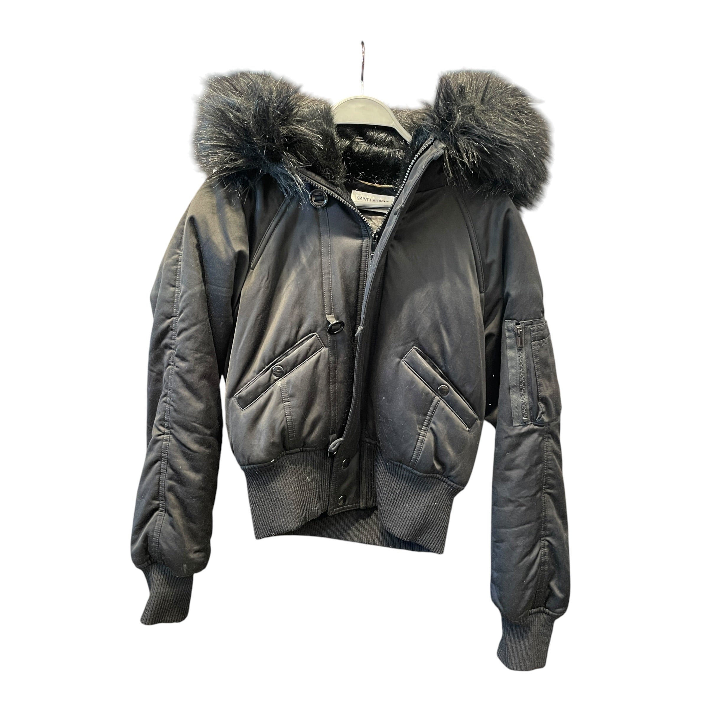 SAINT LAURENT/Coat/Nylon/BLK/Fur Trimmed Cropped Bomber view 1