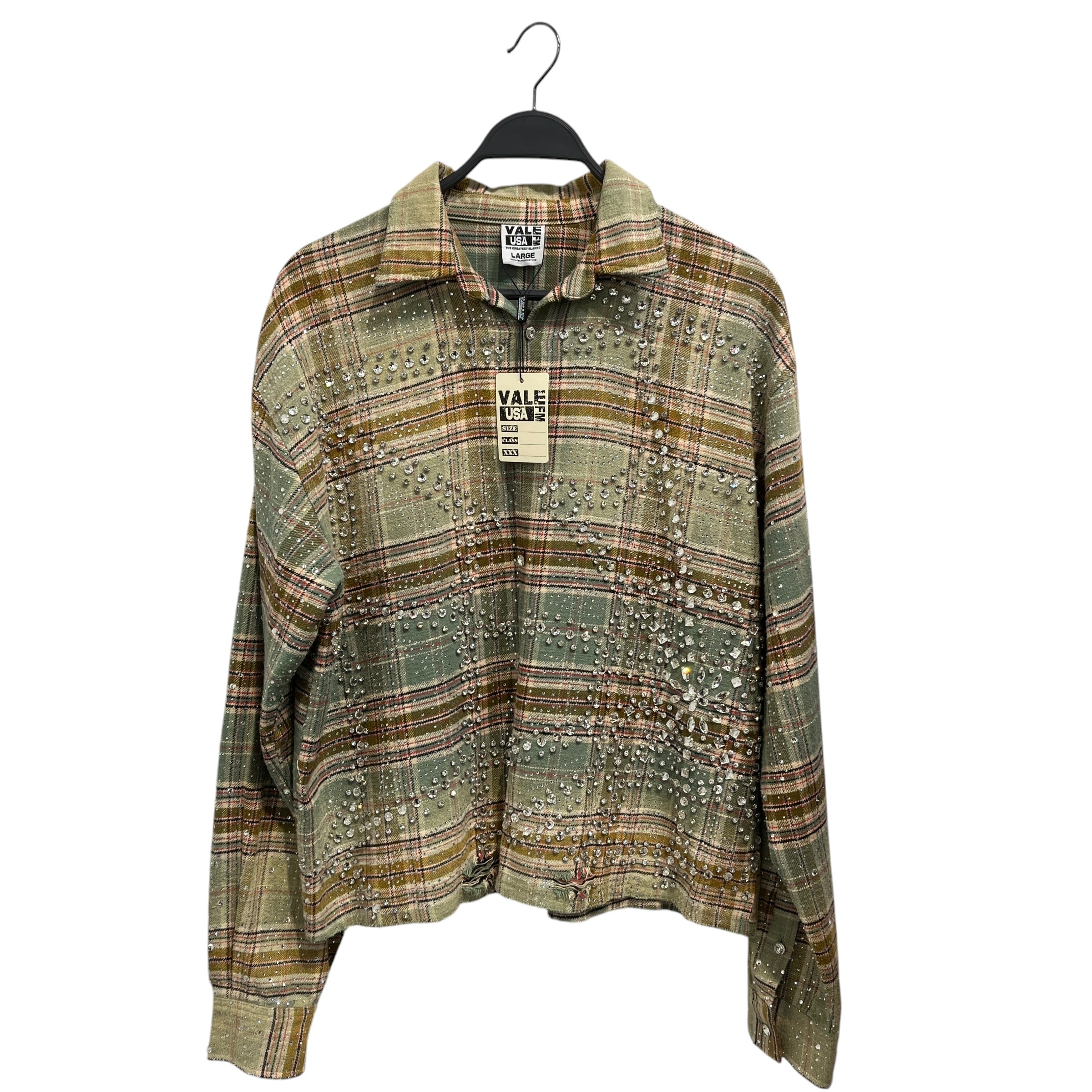 VALLEY/LS Shirt/L/Cotton/GRN/Plaid/Rhinestones on Fabric view 1