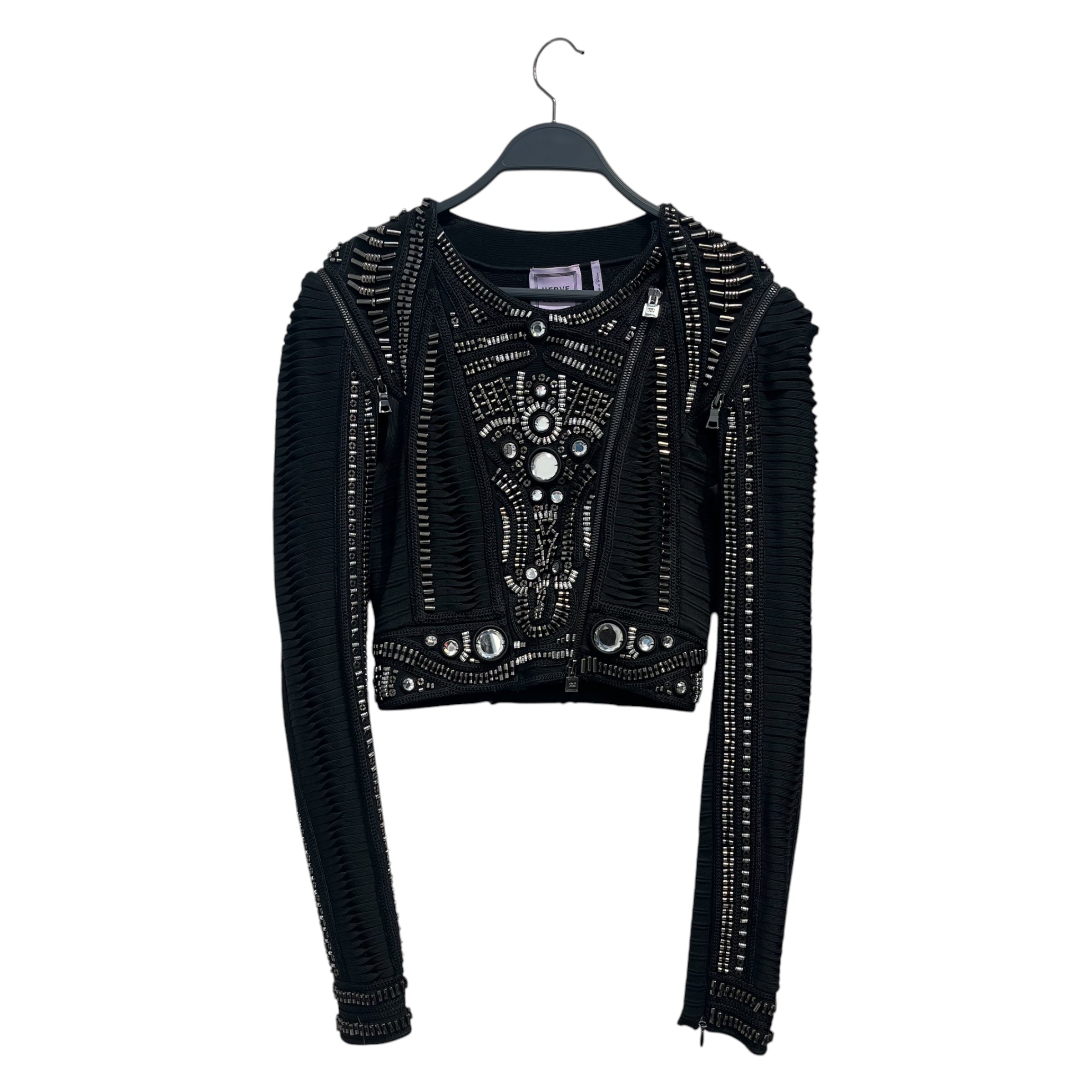 Herve Leger/Jacket/S/Polyester/BLK/bandaged zip up crystals metal view 1