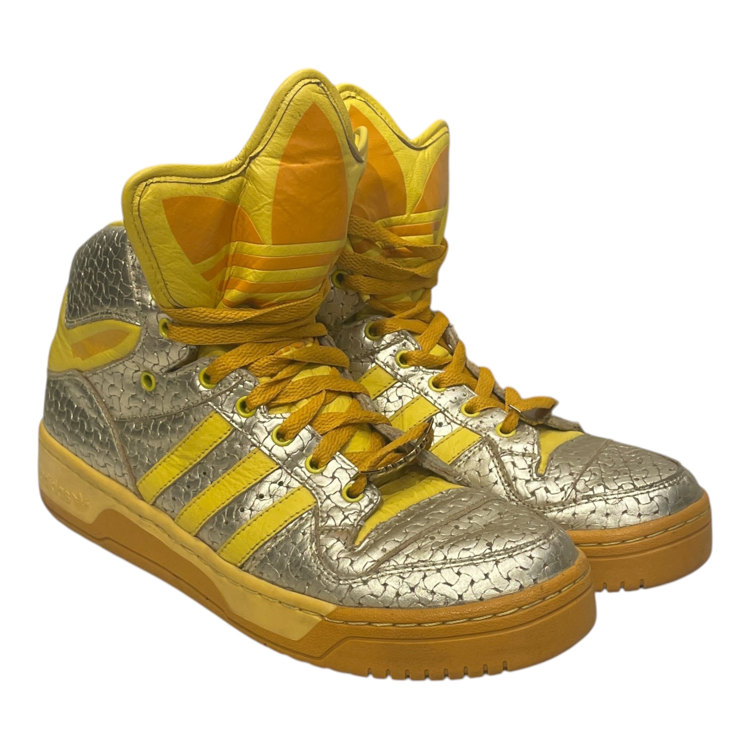 adidas/JEREMY SCOTT/Hi-Sneakers/US 9/Faux Leather/YEL/BIG TOUNGE/SLV WOVEN SNEAKER view 1