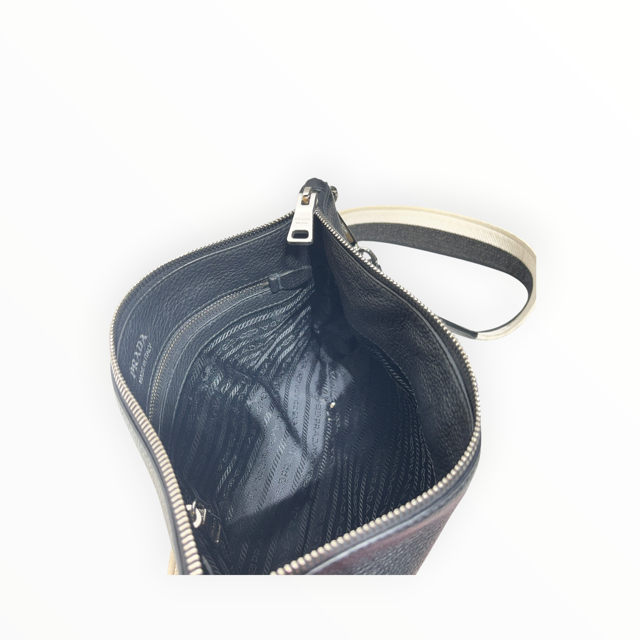 PRADA/Pouch/Leather/BLK/GRAINED LEATHER / STRIPE STRAP view 3