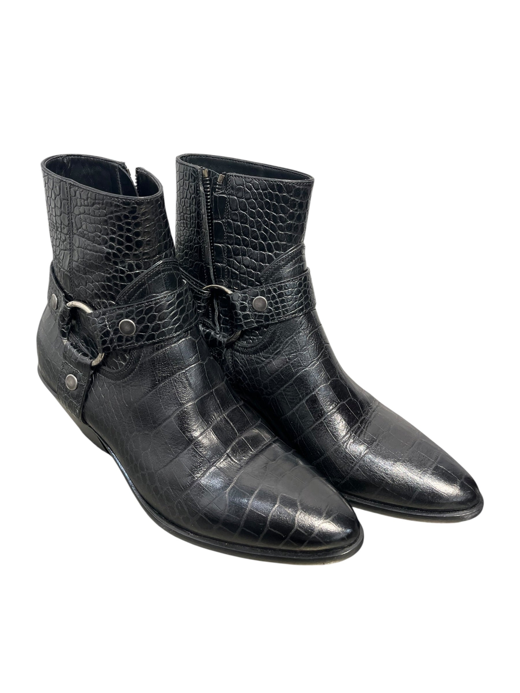 SAINT LAURENT/Ankle Boots/EU 37.5/Leather/BLK/WYATT CROC-EMBOSSED HARNESS view 1