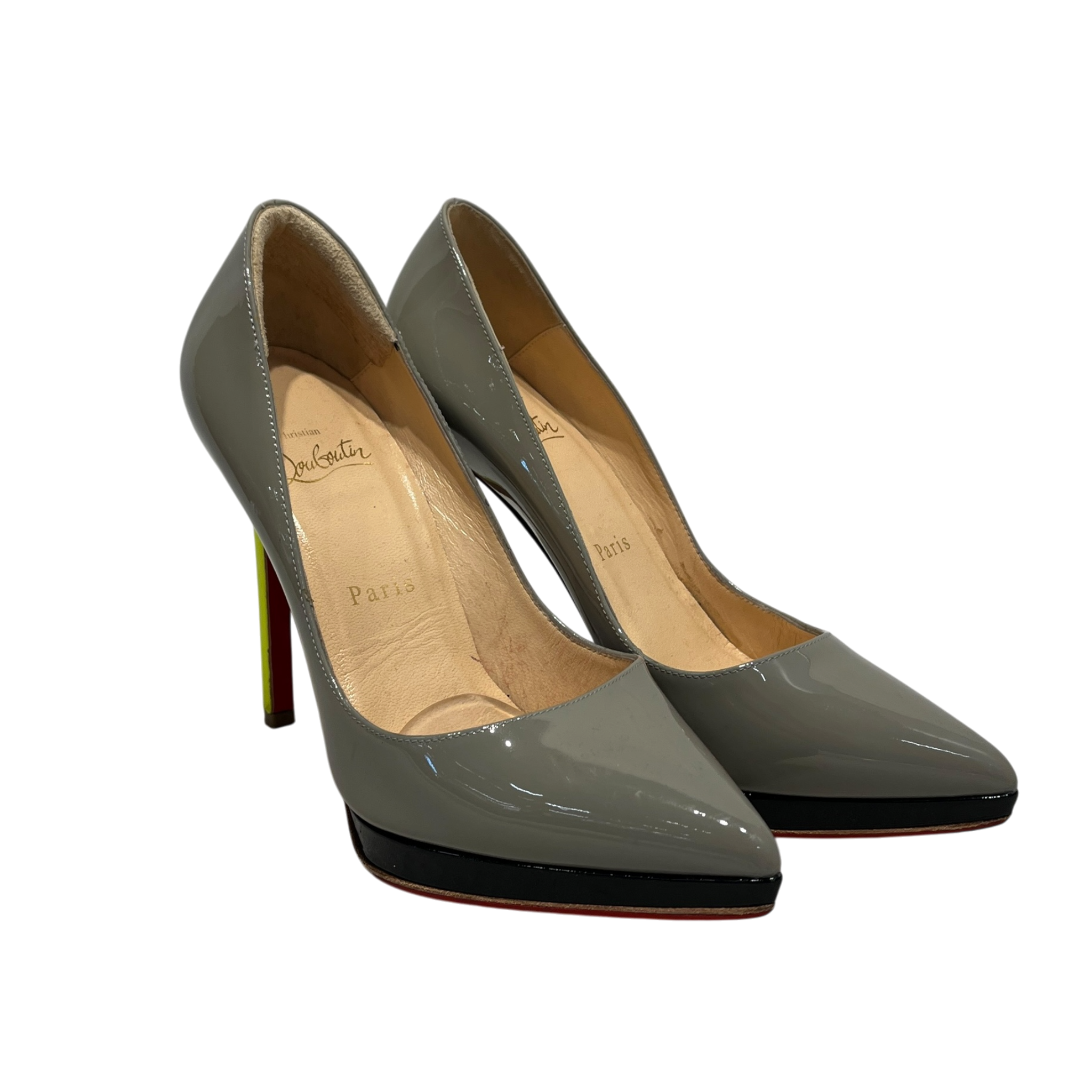 Christian Louboutin/Heels/EU 36.5/Border/Leather/GRY/V-Tip/Greige Pigalle w Neon YLW Heel view 1
